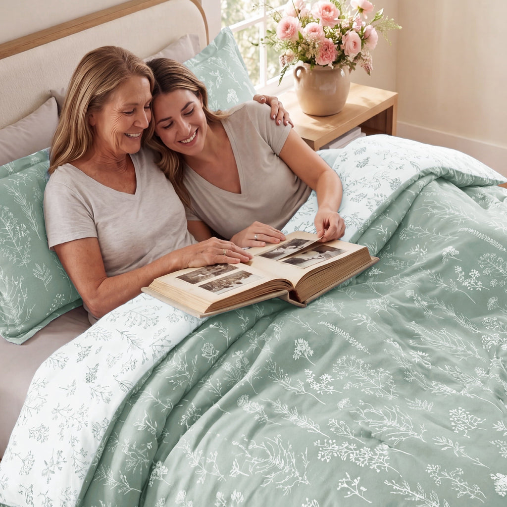 Heavyweight Warmth 3 Pieces Sage Green Queen Size Comforter Sets, Cute Flowers Botanical Lightweight Soft Bedding Set with 2 Pillow Shams - All-Season Down Alternative Comforter Insert Detail