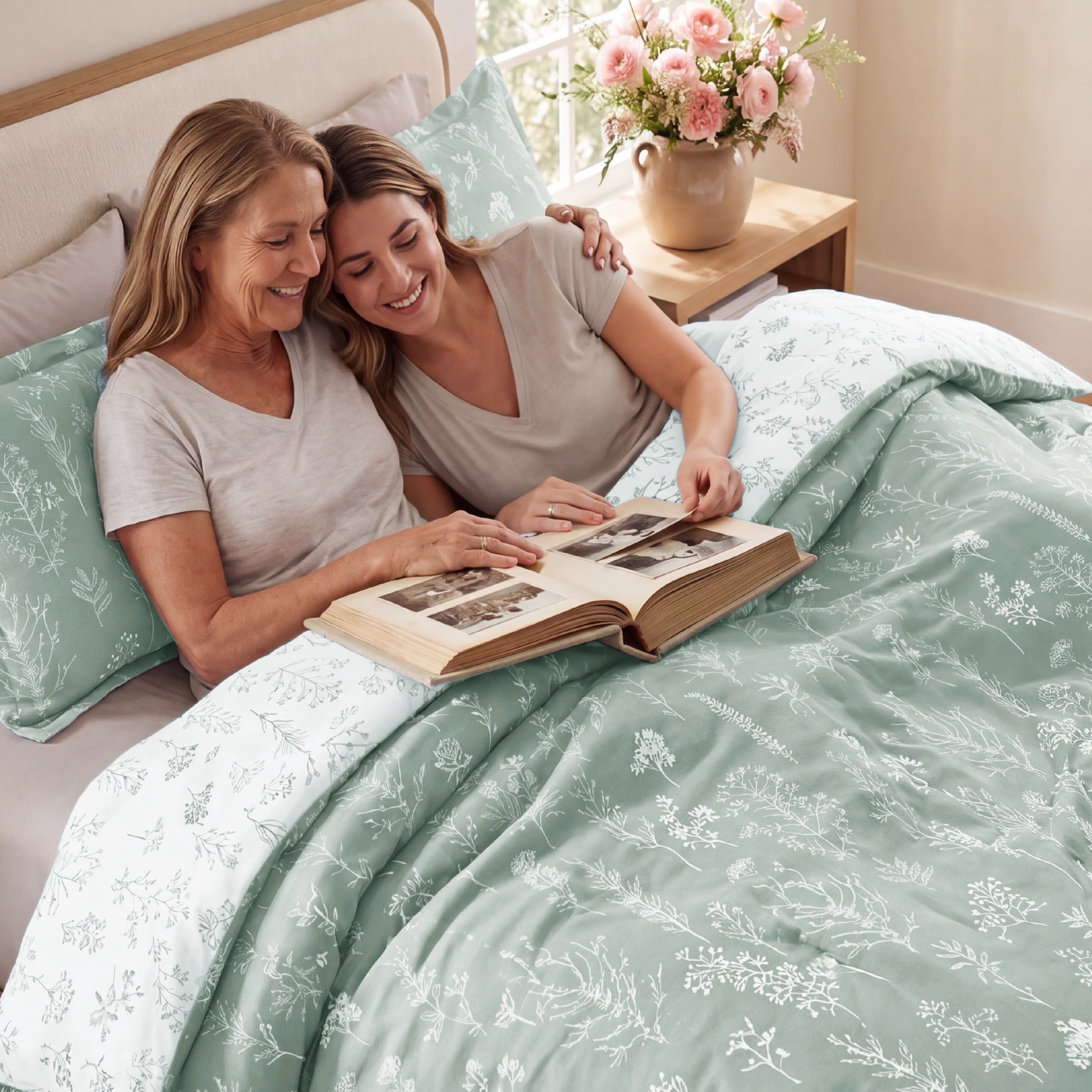 Heavyweight Warmth 3 Pieces Sage Green Queen Size Comforter Sets, Cute Flowers Botanical Lightweight Soft Bedding Set with 2 Pillow Shams - All-Season Down Alternative Comforter Insert Detail