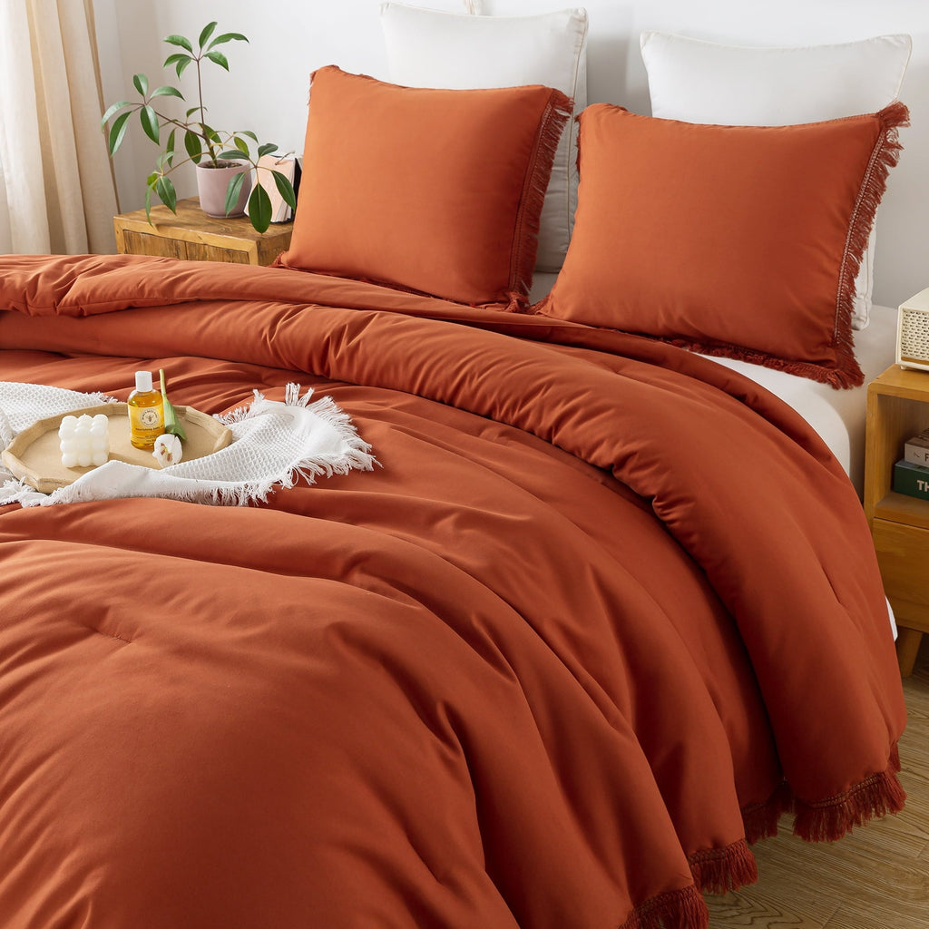 Heavyweight Warmth King Size Comforter Sets Burnt Orange, 3 Pieces Soft Fluffy Boho Bedding Comforter Sets for King Bed, All Season Terr... - Luxurious Quilted Duvet Cover Set Detail
