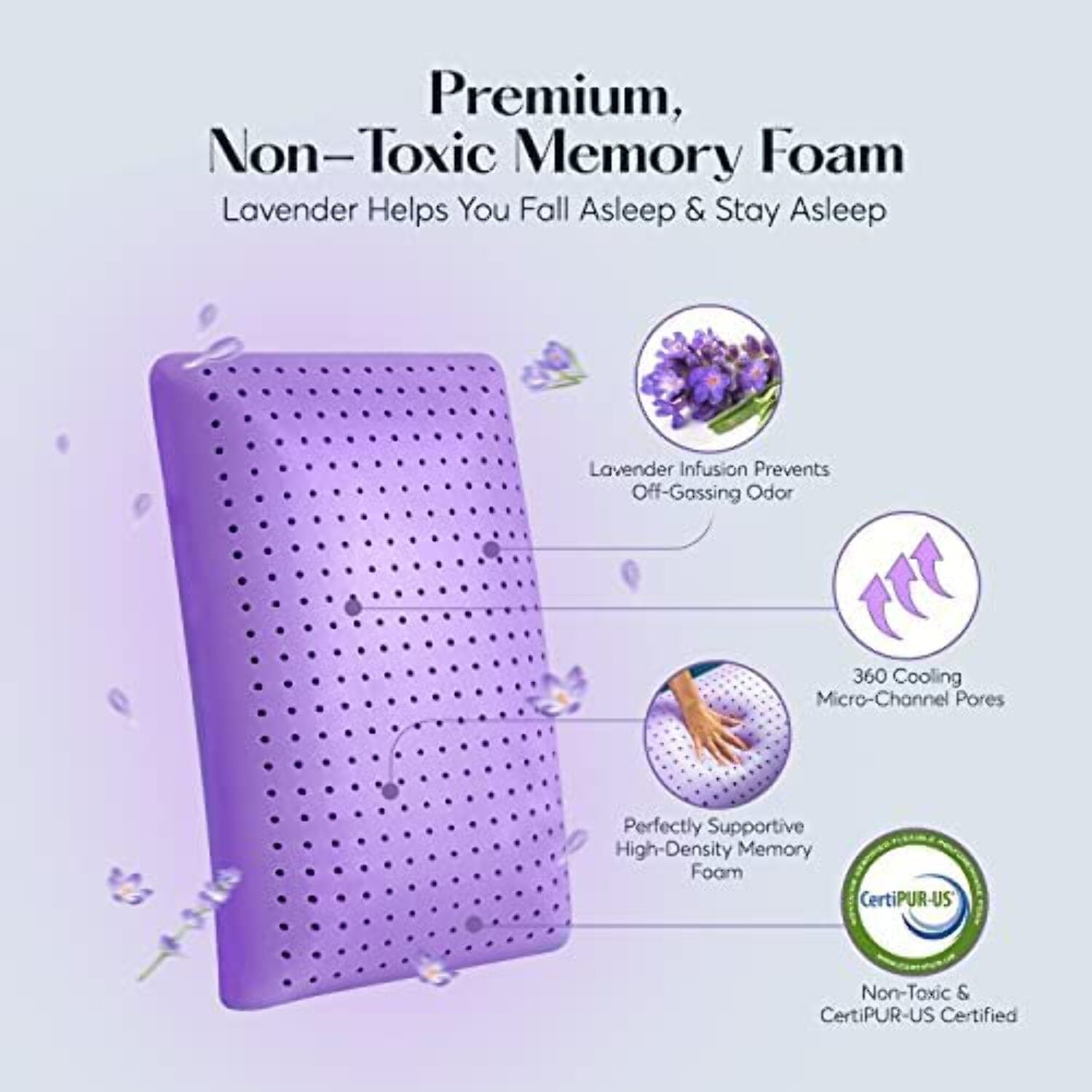 Hotel Collection Plush Zen Bed Pillow, Lavender Scented Cooling Adaptive Memory Foam Queen - Ergonomic Memory Foam Pillow for Neck Pain Support Detail