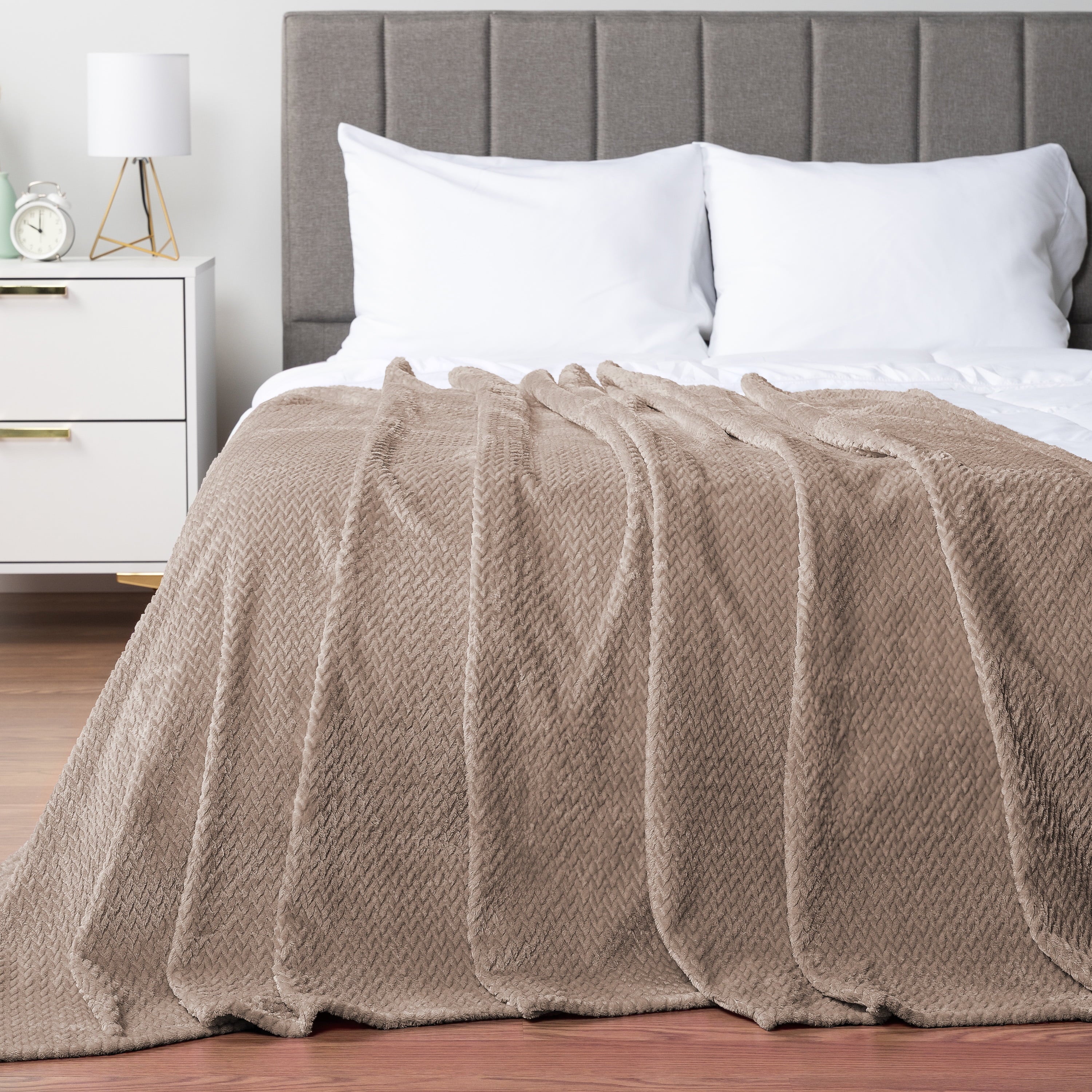 Decorative Knitted Soft Fleece Taupe Tan Throw Blanket for Couch, Lightweight Plush Warm Blankets for Bed, Fuzzy Cozy Flannel Blanket Th... - Lightweight Plush Warm Blanket for All Seasons Detail