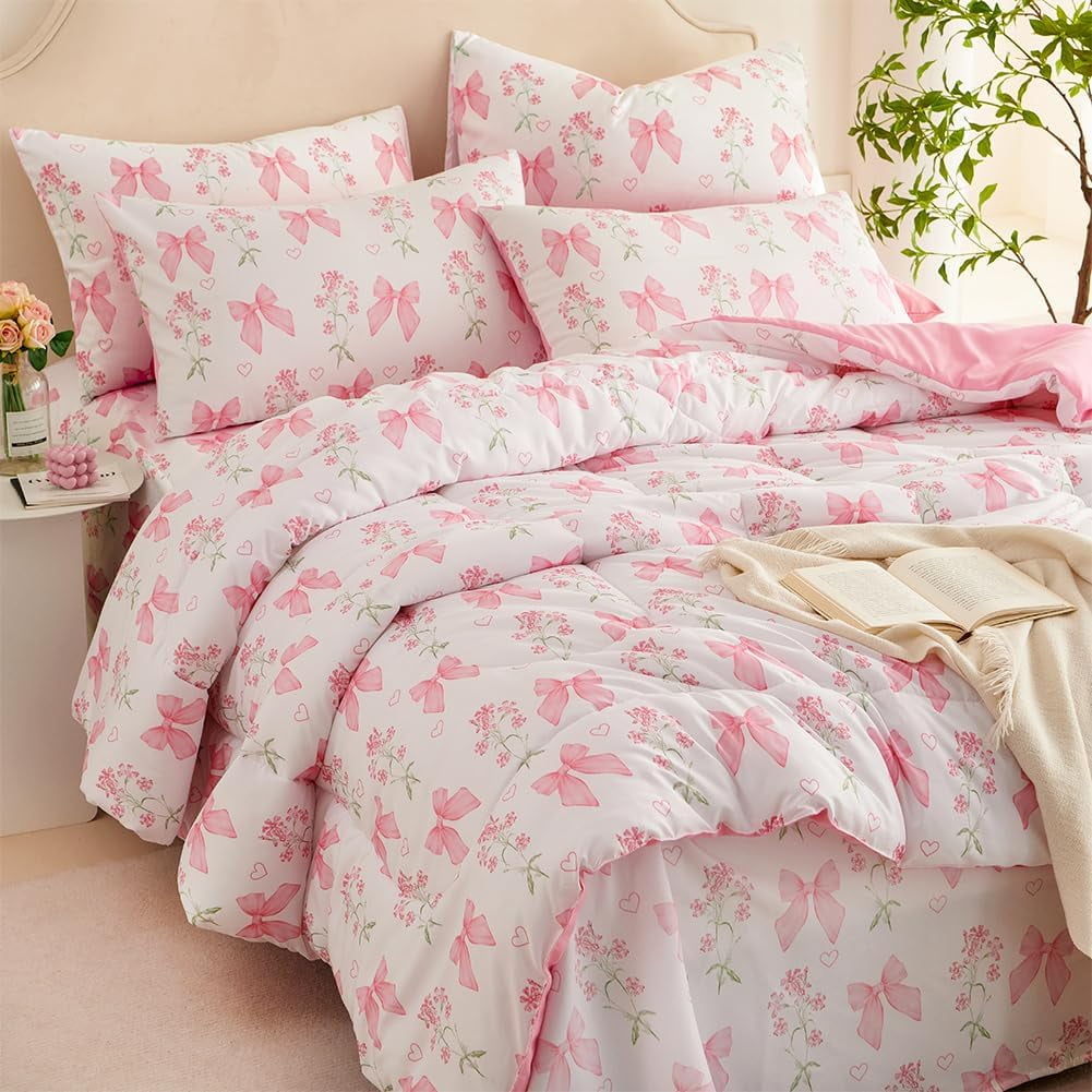 Luxurious Quilted Pink Bowknot Girls Comforter Set Twin Size, 3 Pieces Bows Princess Style Bedding Set for Girls for All Season - Cloud-Like Soft Lightweight Bed Comforter Detail