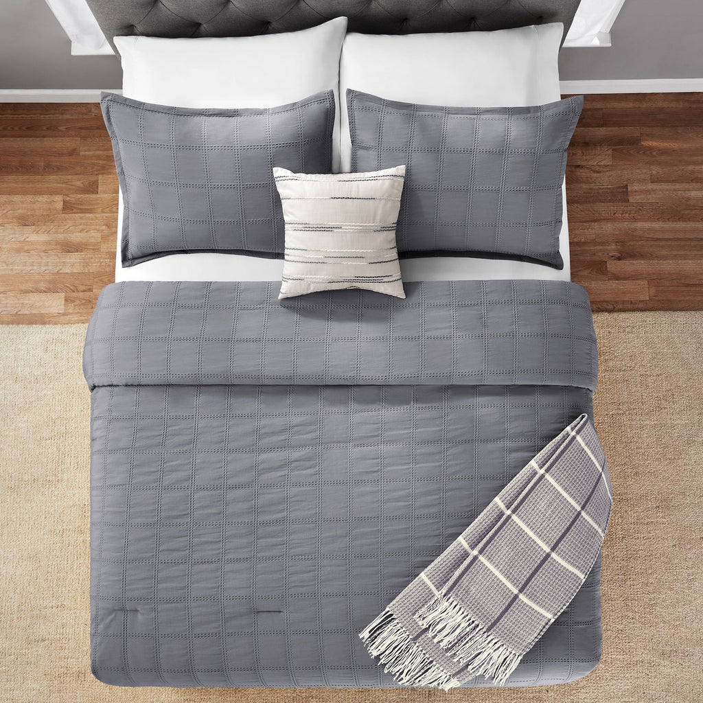 Heavyweight Warmth Full/Queen Comforter Set, All-Season, 5-Piece, Grey Waffle Check - Hypoallergenic Ultra-Fluffy Quilt for Winter Detail