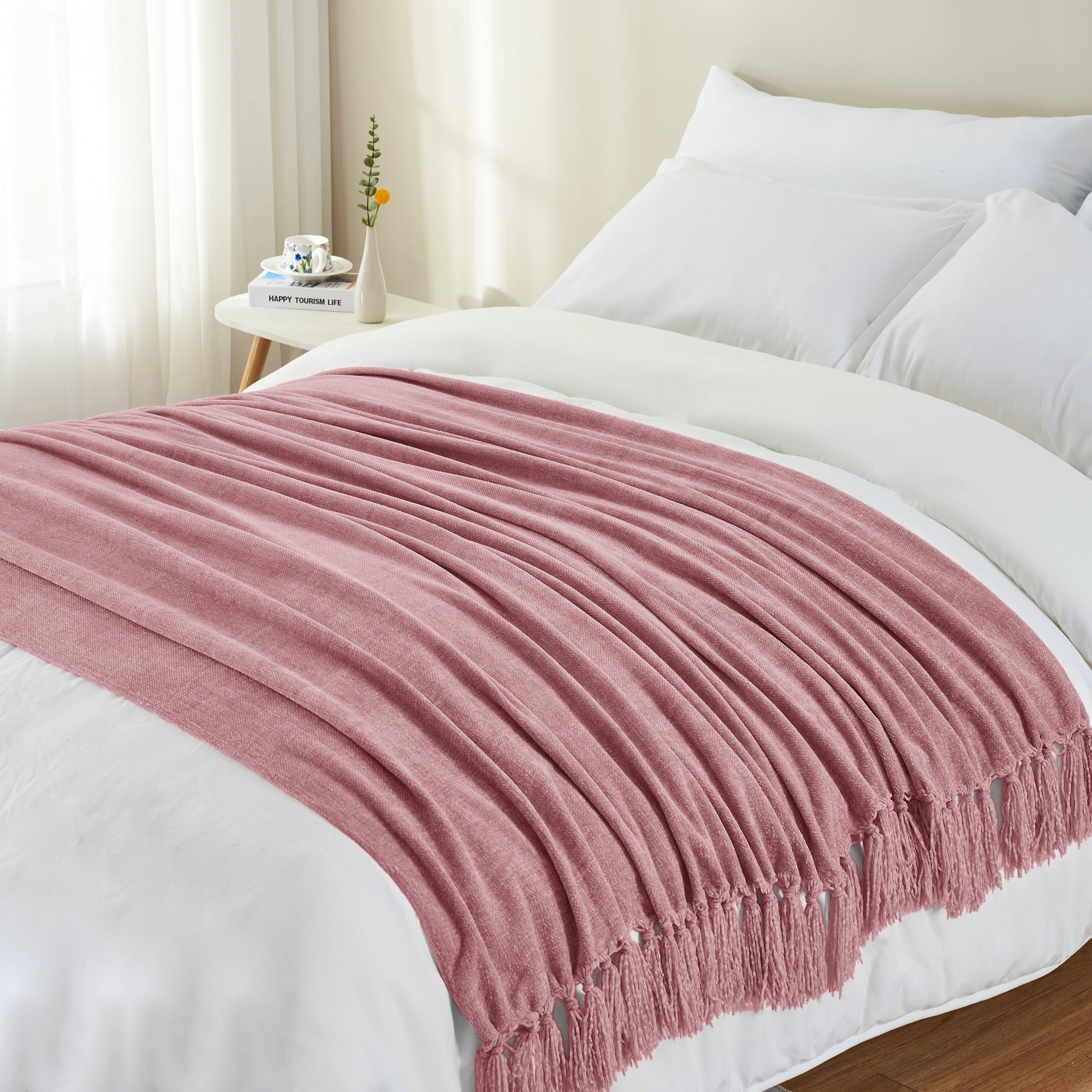 Lightweight Warm Chenille Throw Blanket with Fringe Tassel for Couch Sofa Chair Bed, Mauve 50" X 70" - Lightweight Plush Warm Blanket for All Seasons Detail