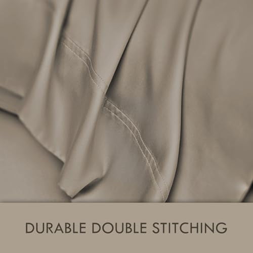 Cooling Sateen Home 4-Piece Queen Bamboo Bed Sheet Set, 100% Organic Cooling Fabric, 16" Deep Pocket, Taupe - Premium Ultra-Soft Pillowcase Pair for Sleeping Detail