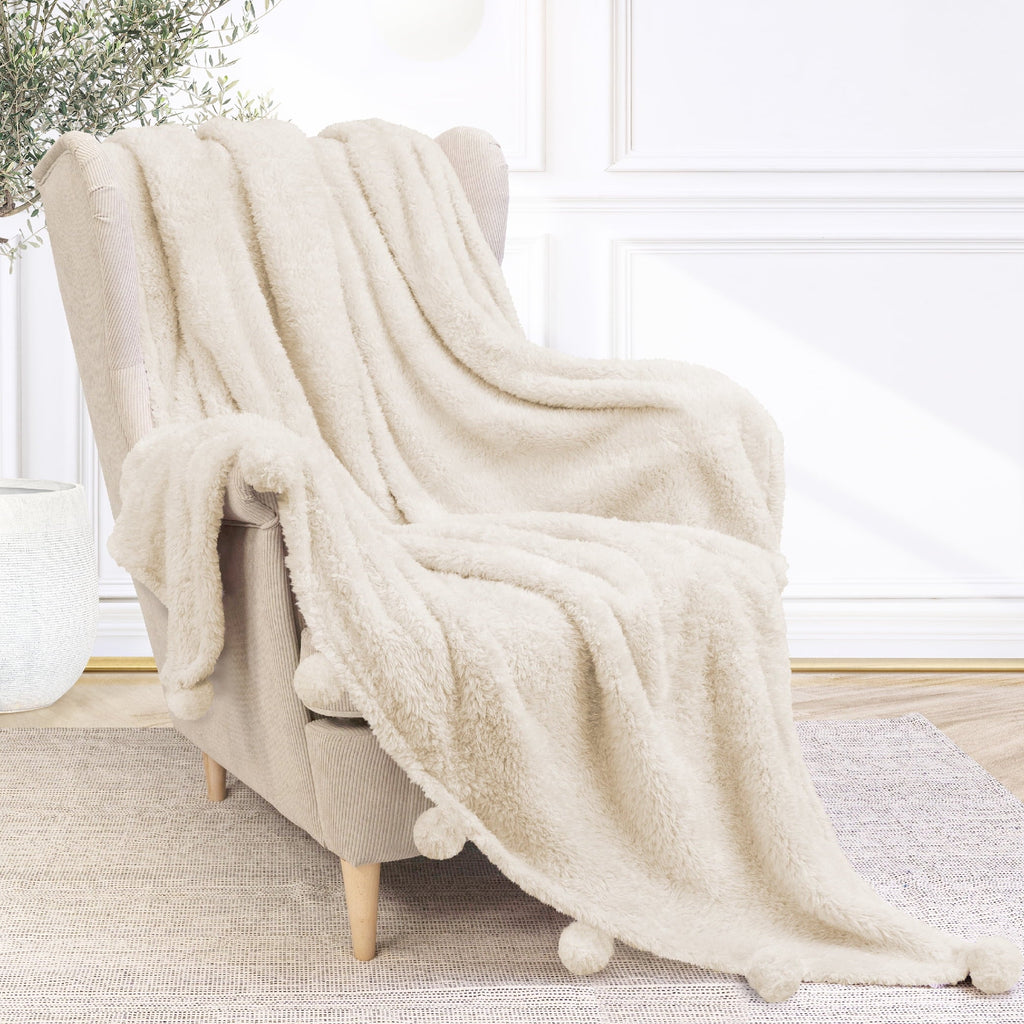 Cozy Fleece Ivory Cream Sherpa Throw Blanket with Soft Pom Pom Fringe, Plush Cozy Warm Blankets for Couch Bed Sofa, Fuzzy Fleece ... - Super Soft Reversible Sherpa Flannel Blanket Detail
