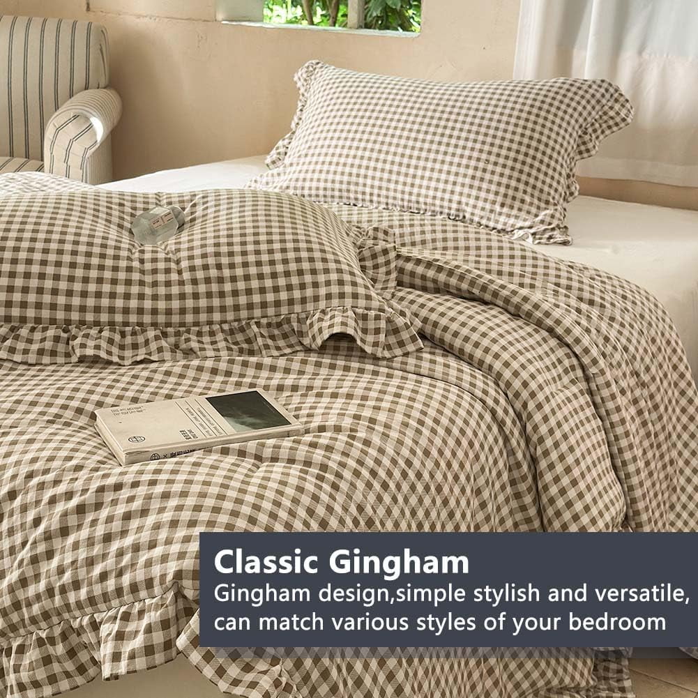 Heavyweight Warmth Tan Gingham Ruffle Queen Comforter Set, Taupe Ruffled Plaid Bedding Set, Ruffled Checked Bed Comforter 3 Pieces(Tan G... - Luxurious Quilted Duvet Cover Set Detail
