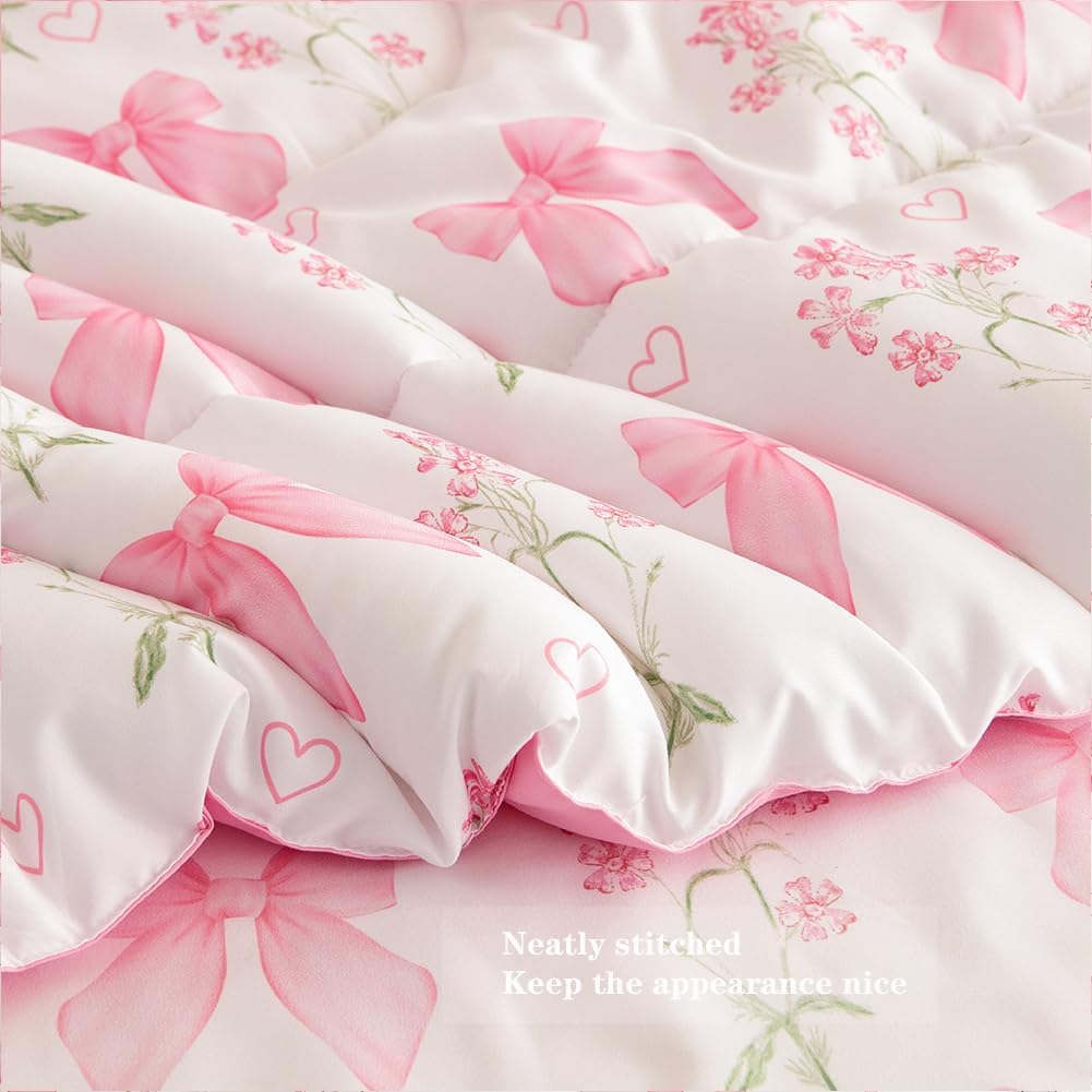 Luxurious Quilted Pink Bowknot Girls Comforter Set Twin Size, 3 Pieces Bows Princess Style Bedding Set for Girls for All Season - Cloud-Like Soft Lightweight Bed Comforter Detail