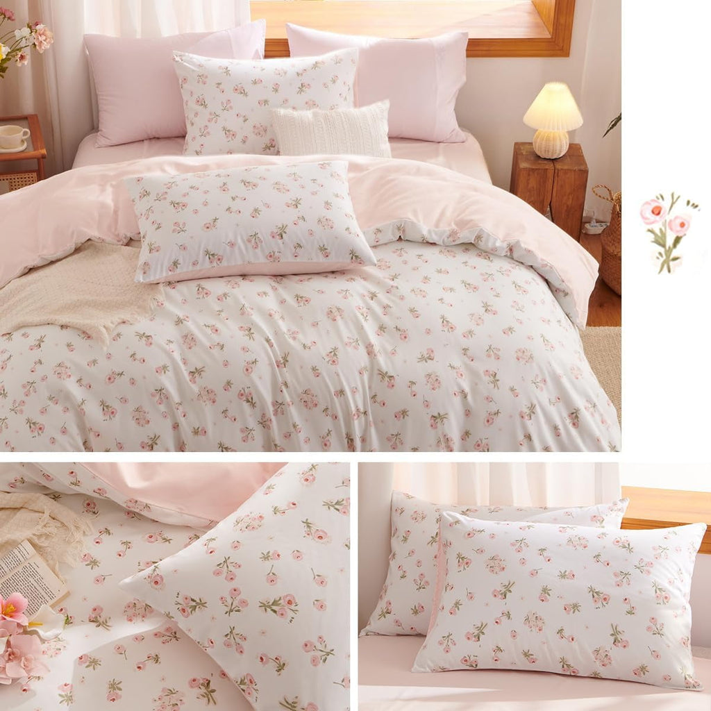 Hypoallergenic Cloud Pink loyalty Floral Comforter Queen Sets, 3 Pieces Chic Botanical Pink White Floral Reversible Comforter for All Season - All-Season Down Alternative Comforter Insert Detail