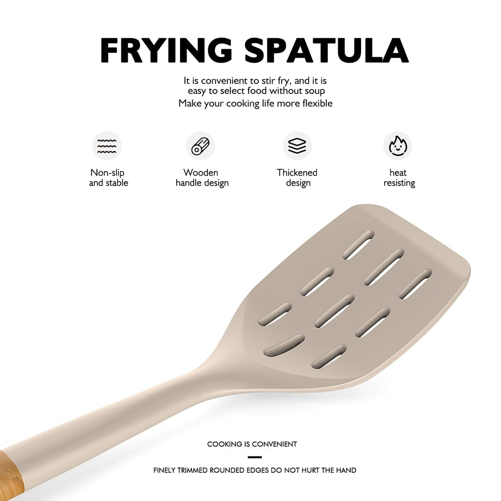 Non-Stick Safe Large Silicone Cooking Utensils - Heat Resistant Kitchen Utensil Set with Wooden Handles, Spatula,Turner, Slotted Spo... - Heat-Resistant Silicone Cooking Spatula Turner Detail