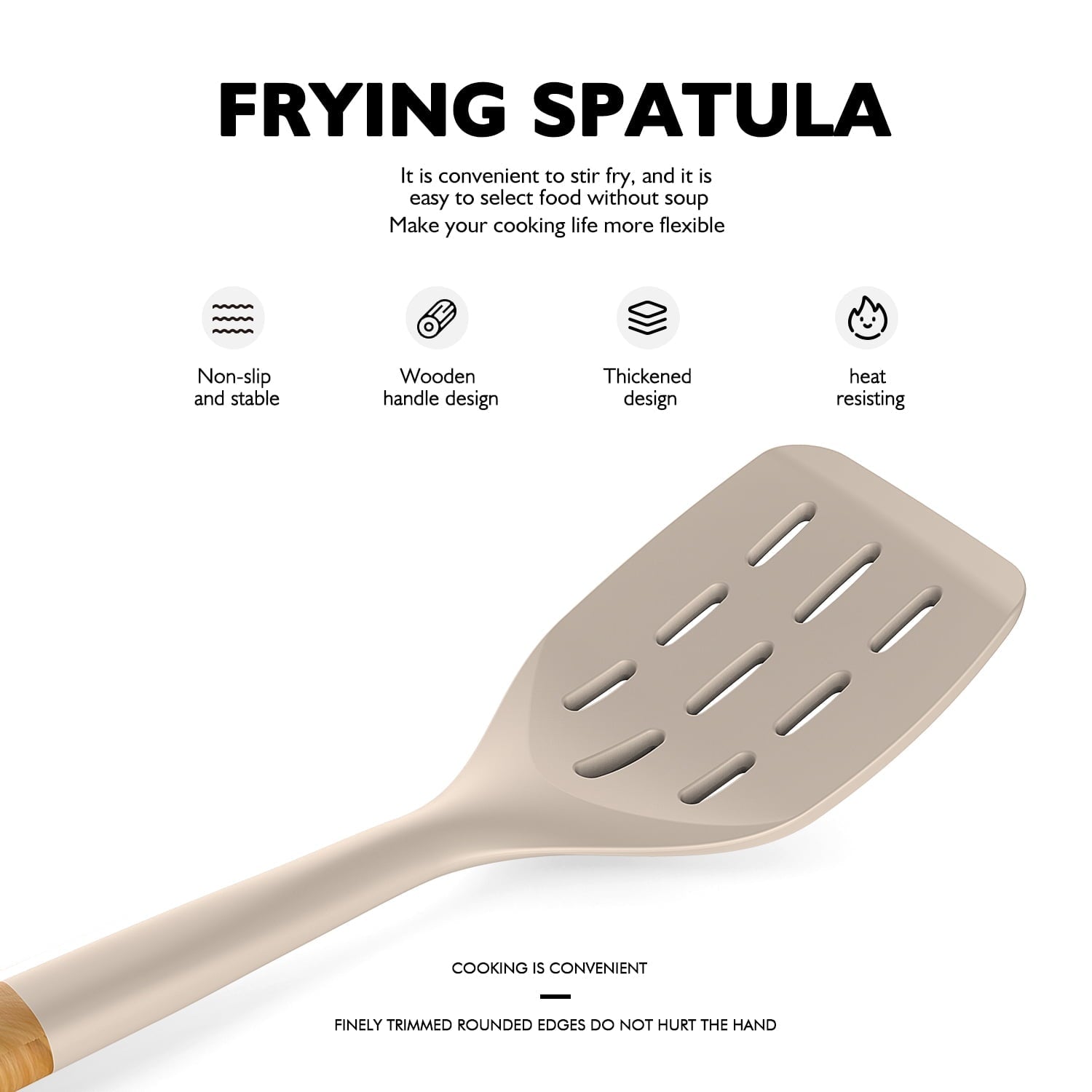 Non-Stick Safe Large Silicone Cooking Utensils - Heat Resistant Kitchen Utensil Set with Wooden Handles, Spatula,Turner, Slotted Spo... - Heat-Resistant Silicone Cooking Spatula Turner Detail