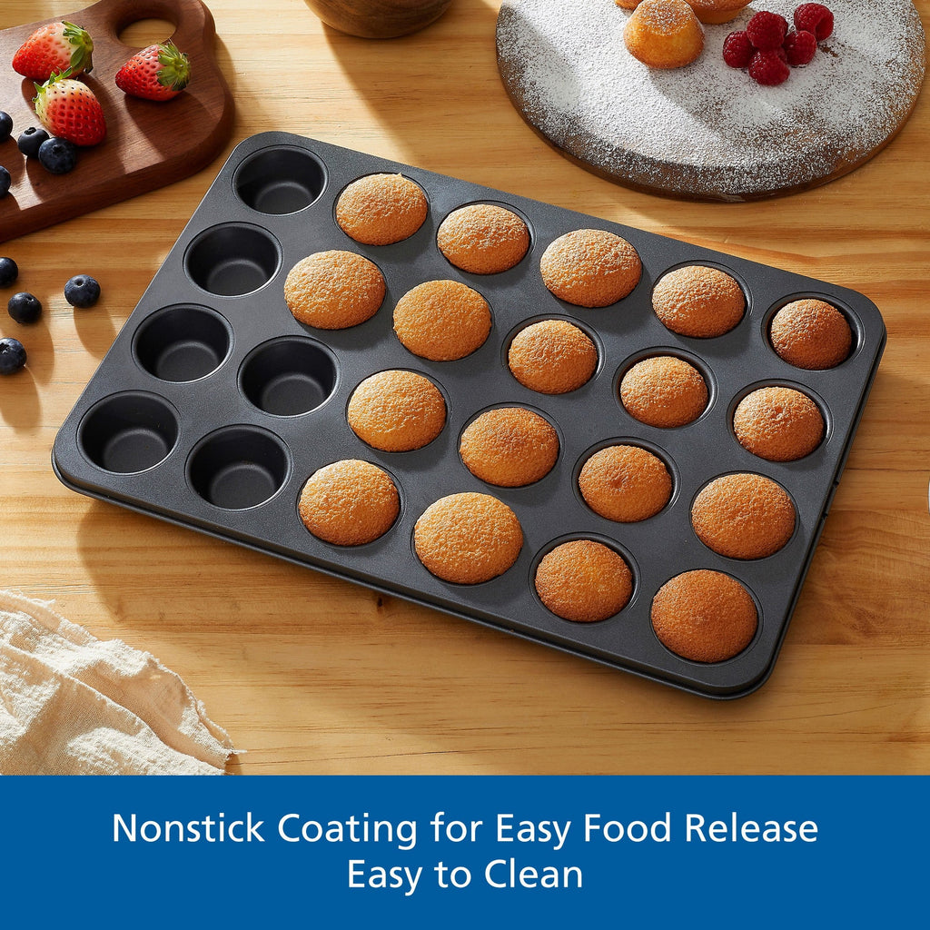Ergonomic Manual 24 Cavity Mini Muffin Pan, Non-Stick Bakeware,1.8 inch Diameter Cups,Gray,Carbon Steel - Kitchen Gadget Tool for Quick Food Prep Detail