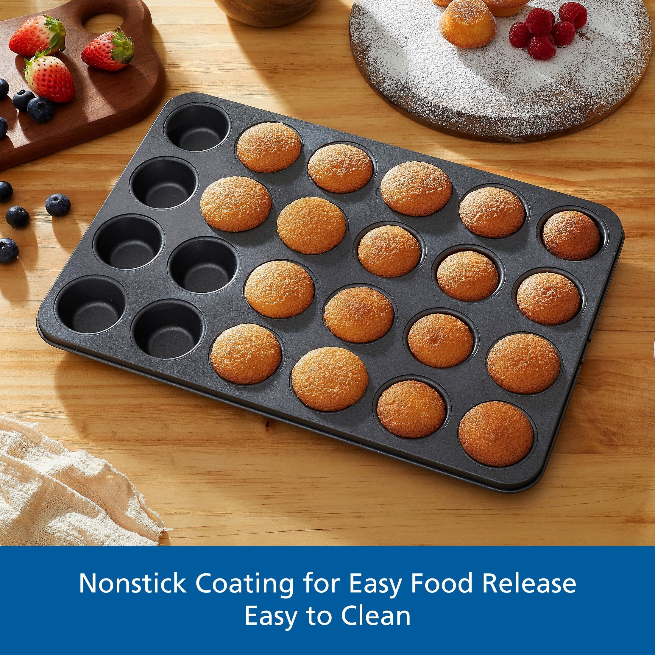 Ergonomic Manual 24 Cavity Mini Muffin Pan, Non-Stick Bakeware,1.8 inch Diameter Cups,Gray,Carbon Steel - Kitchen Gadget Tool for Quick Food Prep Detail