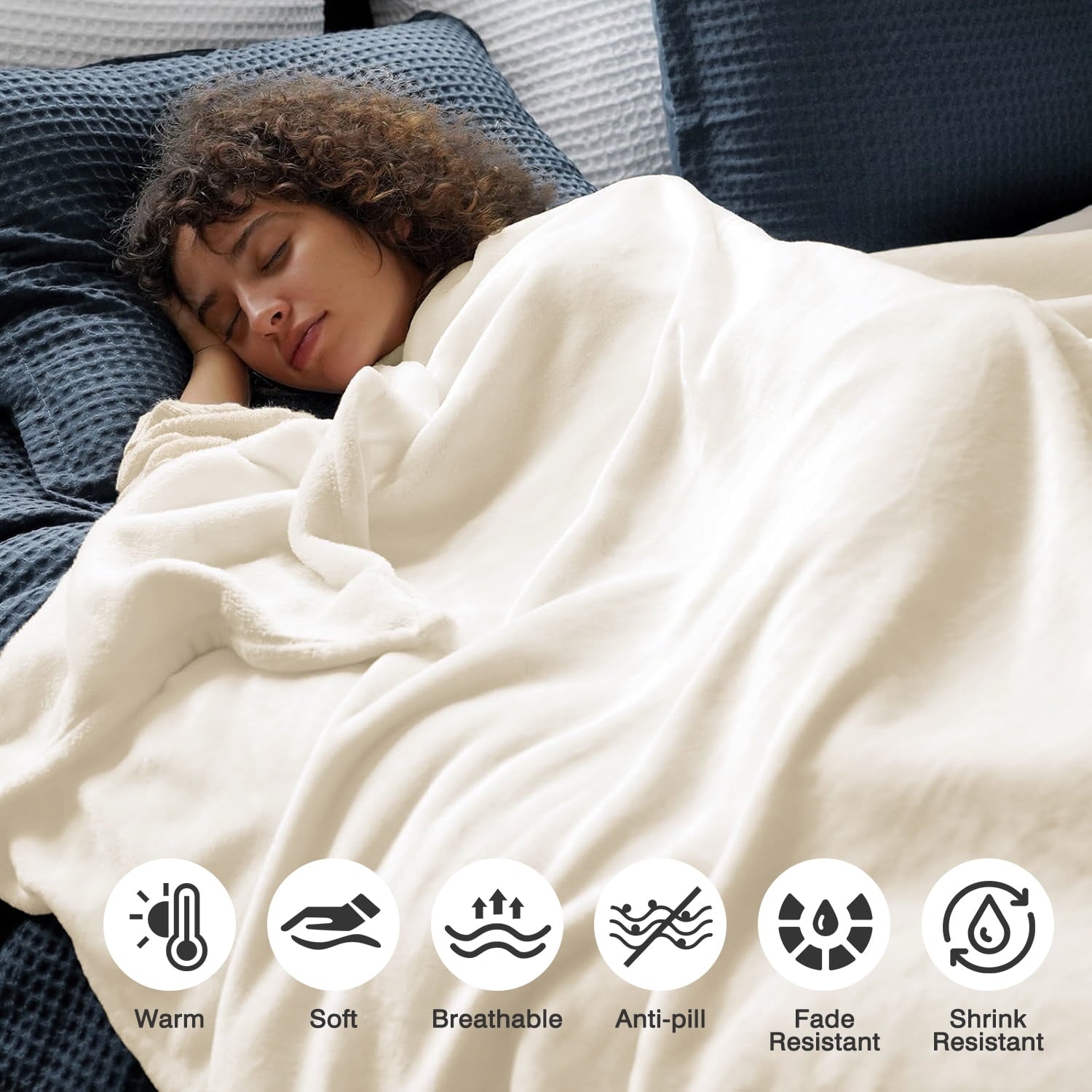 Decorative Knitted Throw Blanket for Couch, Ultra Soft Cream White Throws for Travel Camping Sofa Bed, Lightweight Cozy Bed Blanket for ... - Super Soft Reversible Sherpa Flannel Blanket Detail