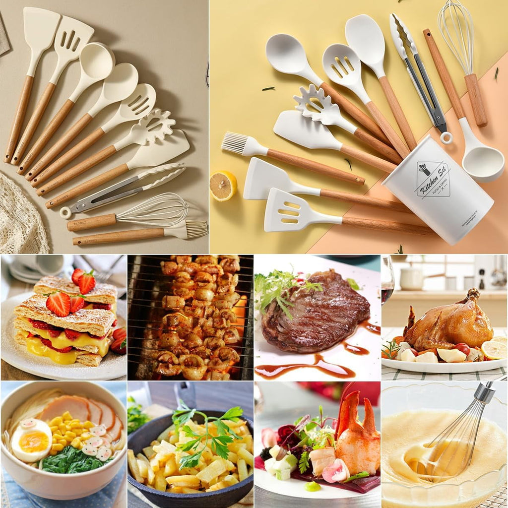 Seamless One-Piece Cooking Utensils Set, 12 packs Non-Stick Silicone Cooking Kitchen Utensils Spatula Set with Wooden Handles and... - Premium Stainless Steel Cooking Utensil for Non-Stick Pots Detail