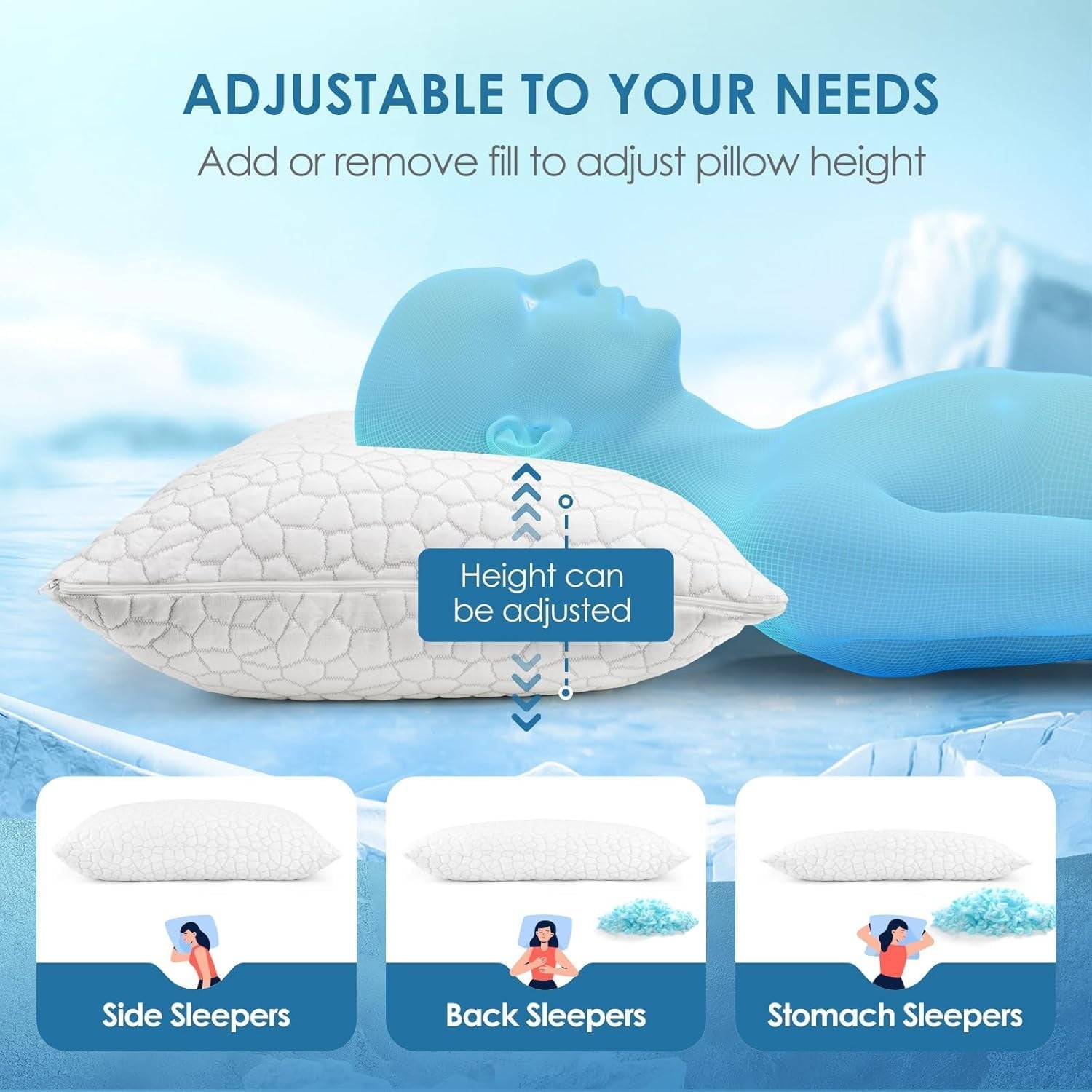 Fluffy Shredded Cooling Bed Pillows Queen Size Set of 2, Shredded Memory Foam Pillows for Sleeping 2 Pack, Adjustable Soft Firm Pillo... - Hotel Quality Plush Sleeping Pillows Detail