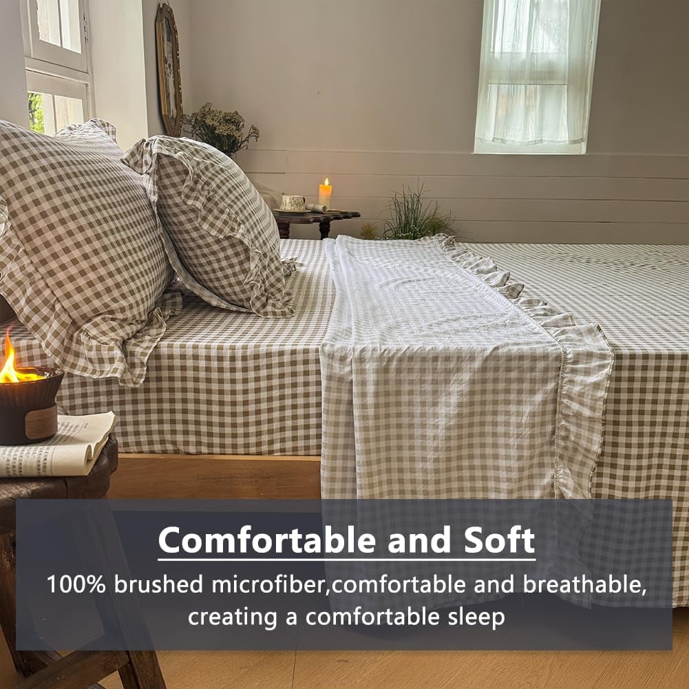 Cooling Sateen Tan Gingham Ruffle Queen Sheet Set, Taupe Soft Pre-Washed Microfiber Plaid Ruffled Queen Bed Sheets, 4-Pieces Farmhou... - Luxury Bed Sheet Set with Deep Pockets Detail