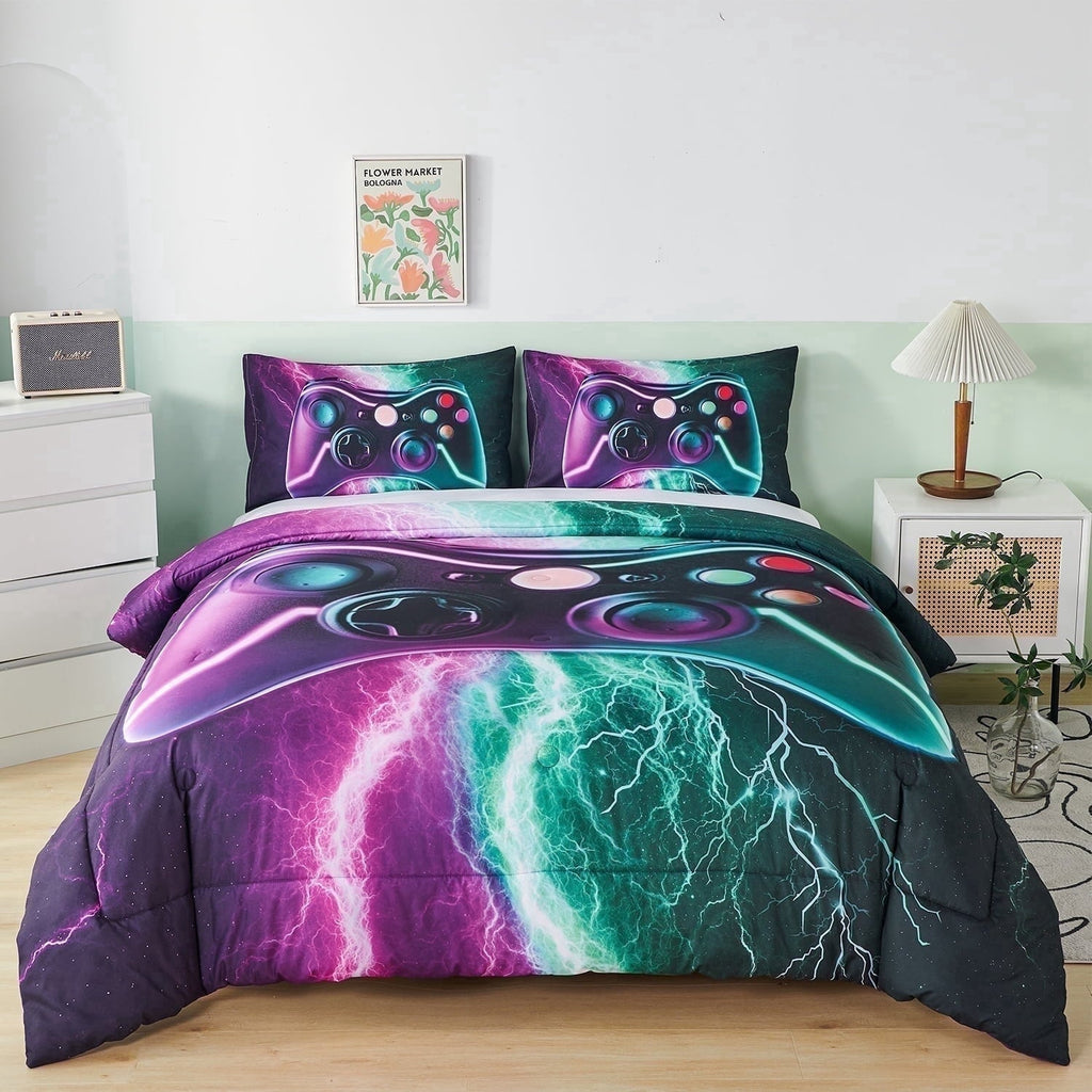 Heavyweight Warmth Queen Size Gaming Comforter Set for Boys,3-Piece 3D Green Purple Lightning Game Controller Bedding Set for Kids Teens - Cloud-Like Soft Lightweight Bed Comforter Detail