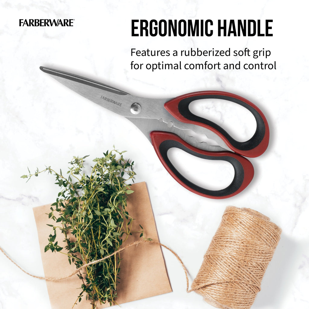 Multi-Functional Stainless Steel Kitchen and Herb Shears with Red and Black Handle - Premium Stainless Steel Garlic Presser & Peeler Detail