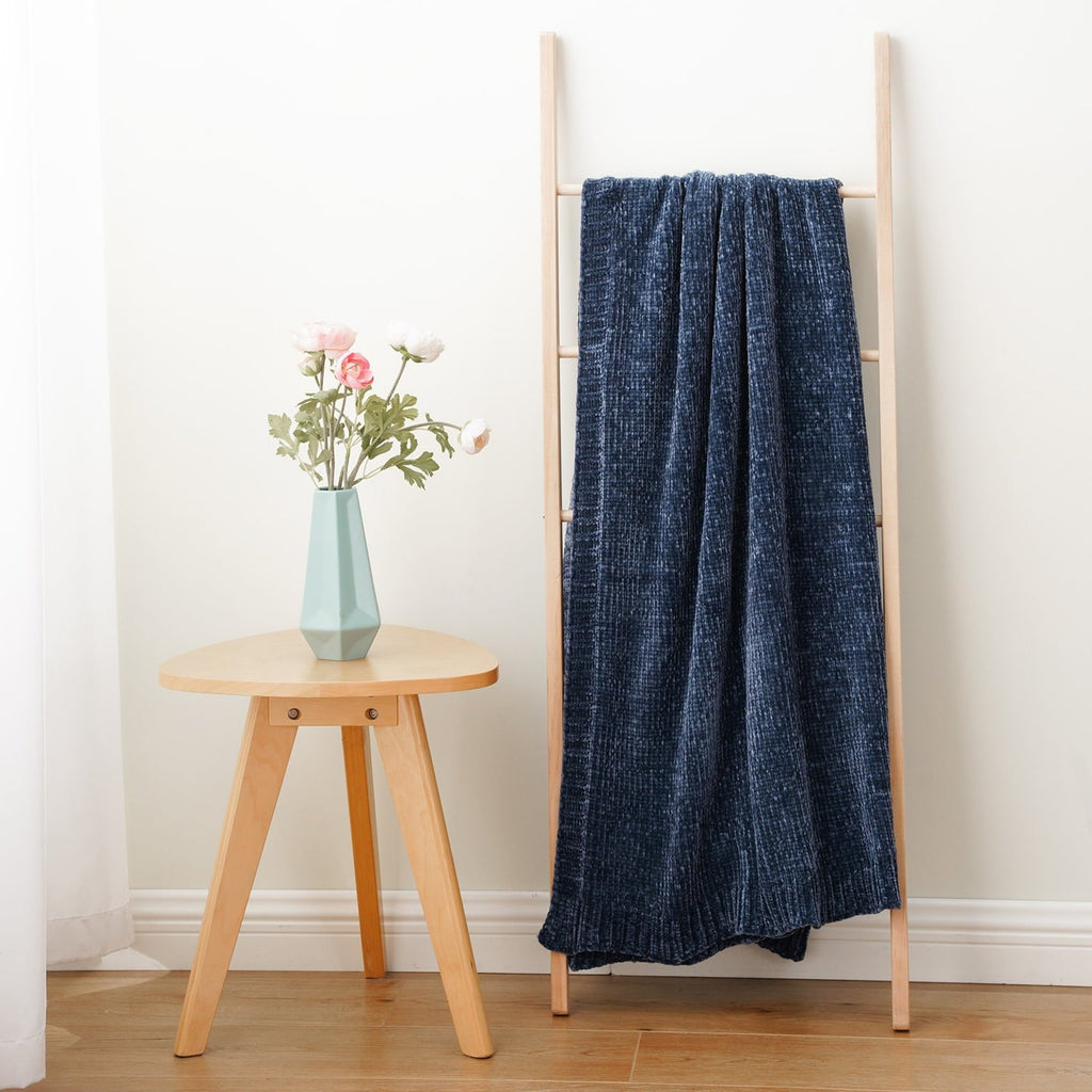 Reversible Sherpa Navy Blue Chenille Throw for Couch Bed,Soft Navy Knit Blanket, Housewarming Gifts, 51"x 67" - Luxury Knitted Decorative Throw Blanket with Fringes Detail