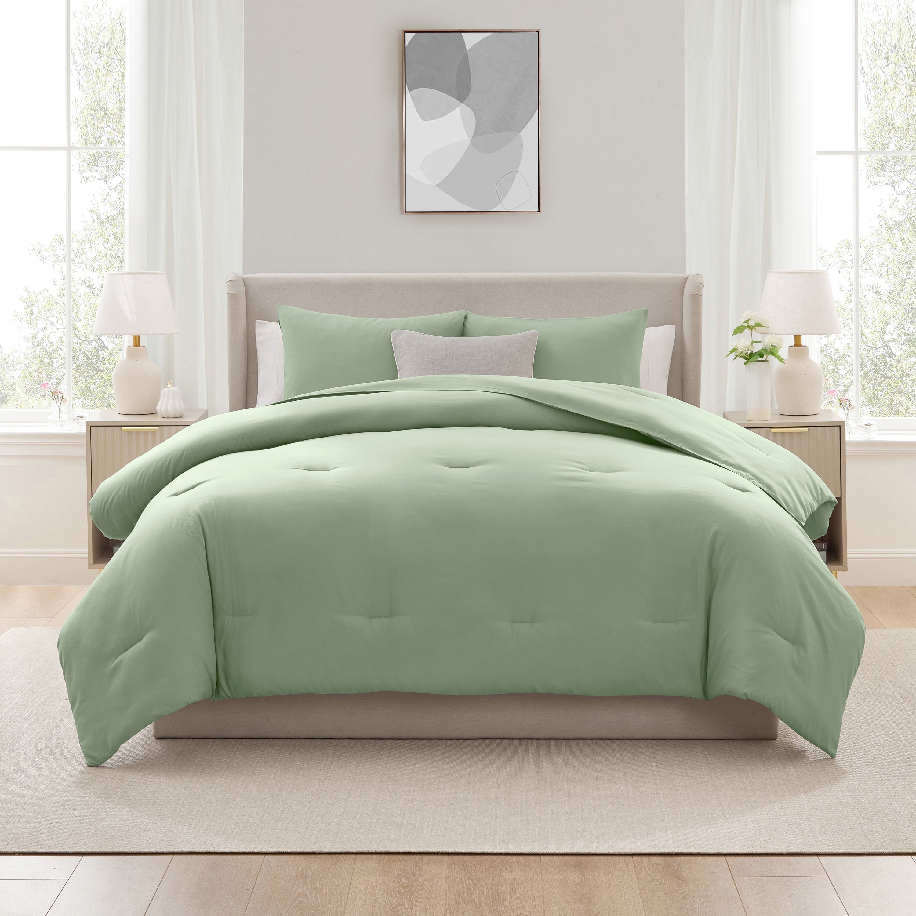 Heavyweight Warmth Comforter Sets, All Season Lightweight Solid Queen Comforter Set, 3-Pc Bedding Sets, Sage Green - Cloud-Like Soft Lightweight Bed Comforter Detail