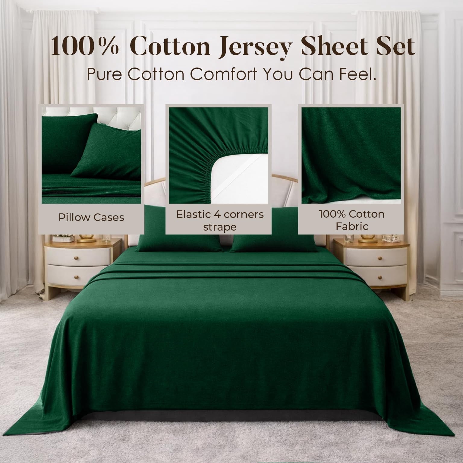 Wrinkle-Resistant Bed Sheet Set Twin 3 Piece Hunter Green Breathable Soft Cotton Jersey Sheets with Deep Pockets, Unisex - Luxury Bed Sheet Set with Deep Pockets Detail