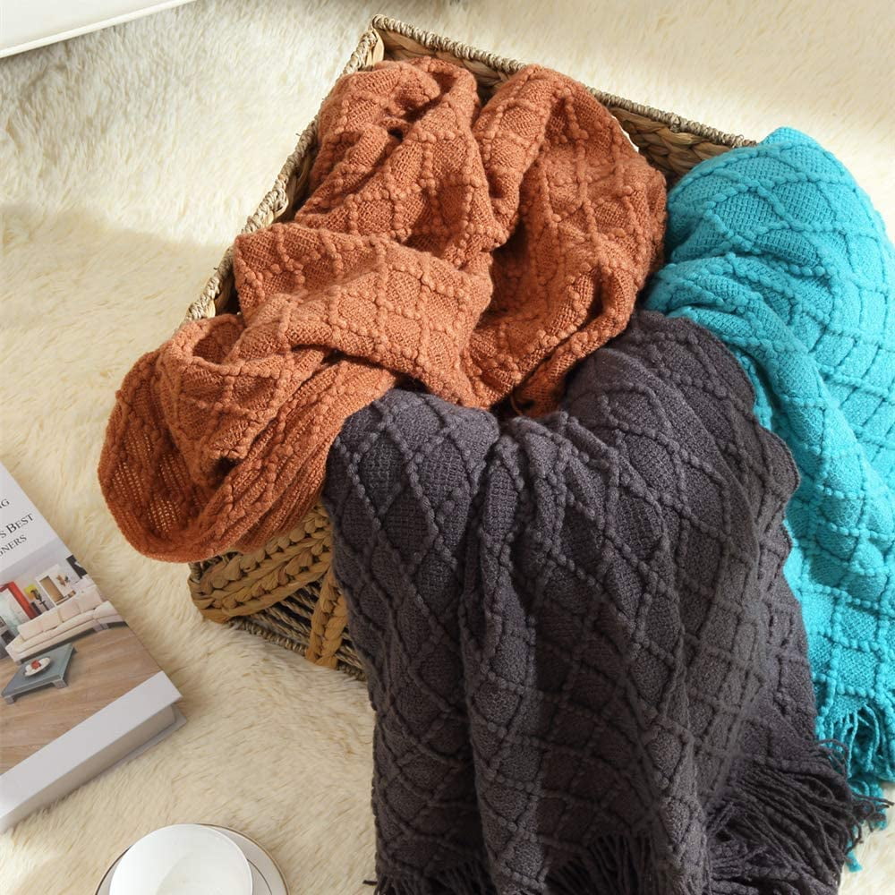 Lightweight Warm Home Decor Rustic Couch Sofa Chair Bed Throw Blanket, Soft Warm Light Weight in Spring Summer (50''X60'' Brown) - Luxury Knitted Decorative Throw Blanket with Fringes Detail