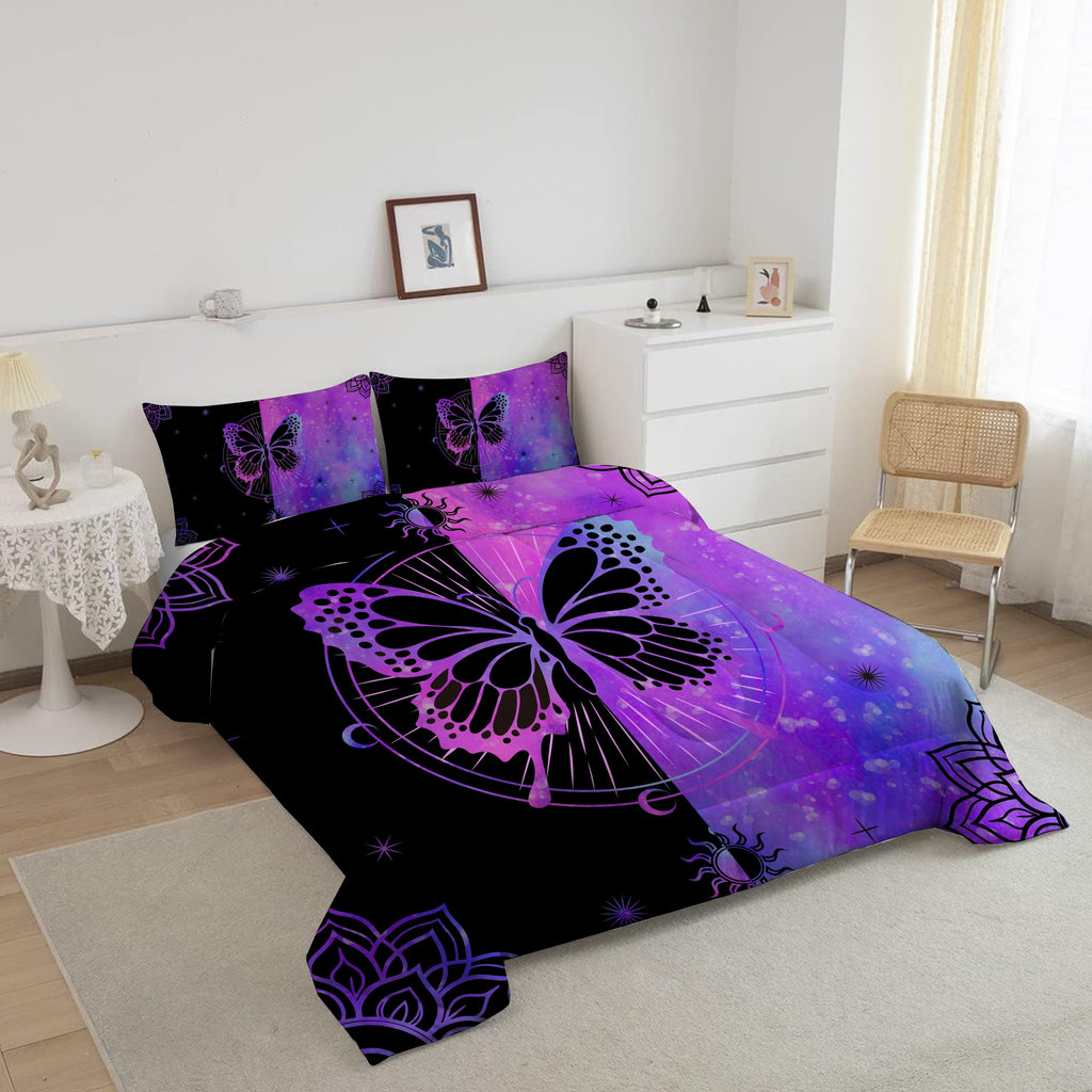 Luxurious Quilted Butterfly Comforter Set Full Size for Girls Kids Teens Black Blue Purple Tie Dye Bedding Set 3 Pieces - All-Season Down Alternative Comforter Insert Detail
