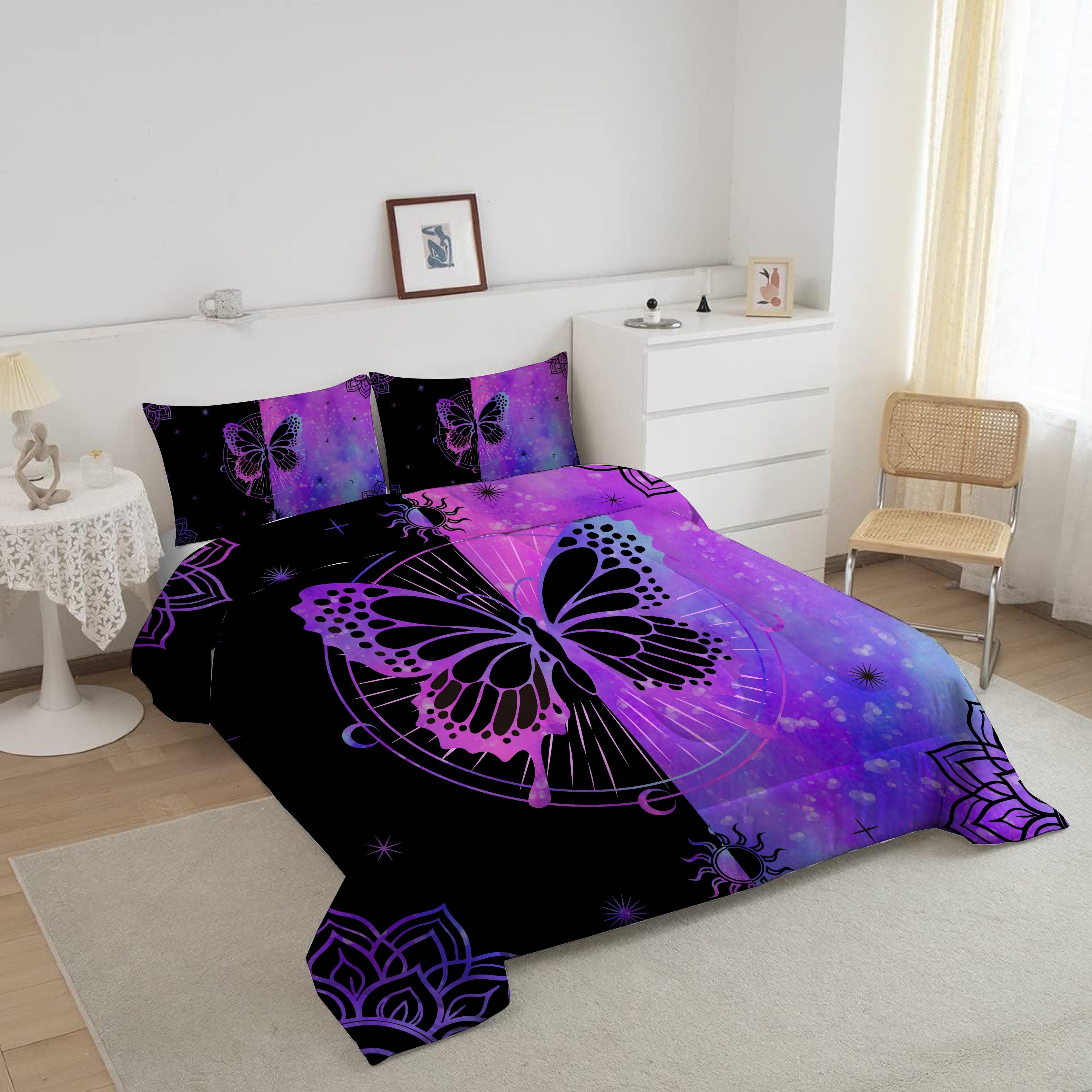 Luxurious Quilted Butterfly Comforter Set Full Size for Girls Kids Teens Black Blue Purple Tie Dye Bedding Set 3 Pieces - All-Season Down Alternative Comforter Insert Detail