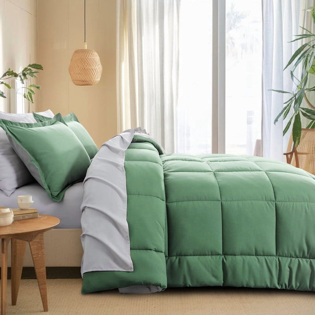 All-Season Grass Green/Grey Queen Size Comforter Set,3-Pieces Reversible Comforter Set Soft and Lightweight,All Season Down Alte... - Luxurious Quilted Duvet Cover Set Detail