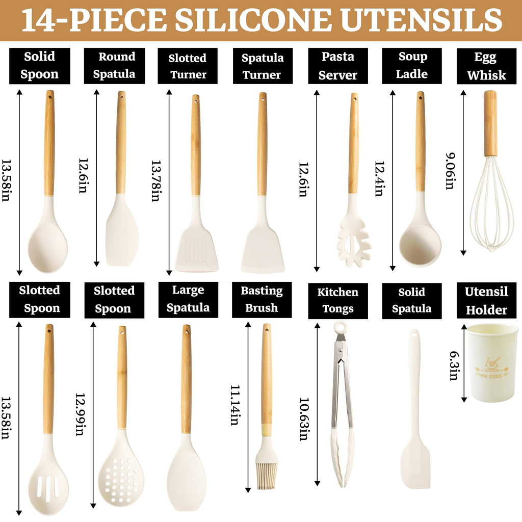Heat-Resistant 14-Piece Silicone Cooking Utensils Set, Non-Stick Kitchen Utensil Set for Baking, Flipping, Mixing, White - Heat-Resistant Silicone Cooking Spatula Turner Detail