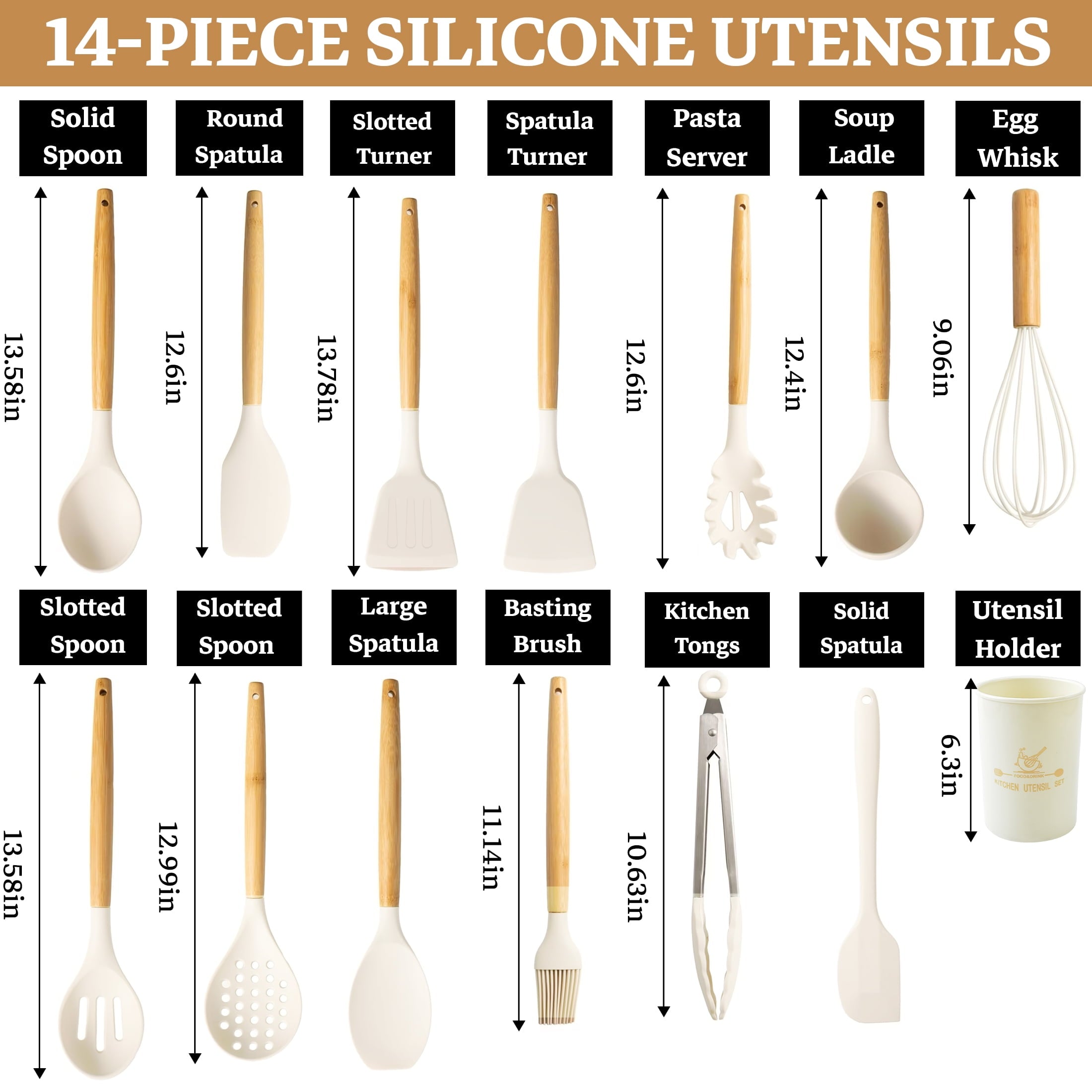 Heat-Resistant 14-Piece Silicone Cooking Utensils Set, Non-Stick Kitchen Utensil Set for Baking, Flipping, Mixing, White - Heat-Resistant Silicone Cooking Spatula Turner Detail