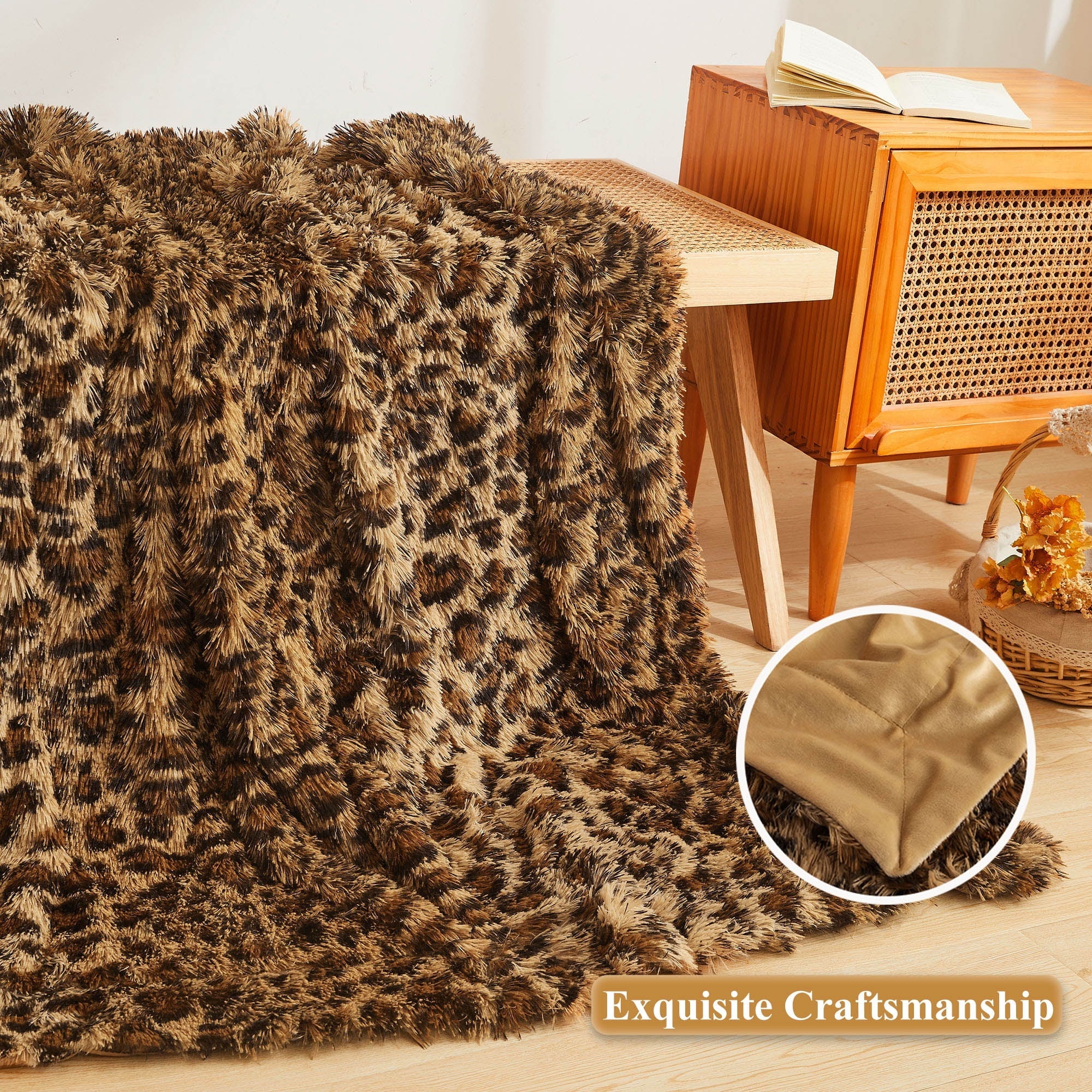 Reversible Sherpa Luxury Faux Fur Leopard Print Throw, Soft 50x60 Cheetah Print Fluffy Blanket, Shaggy Plush Decorative Couch Throw, Cu... - Super Soft Reversible Sherpa Flannel Blanket Detail