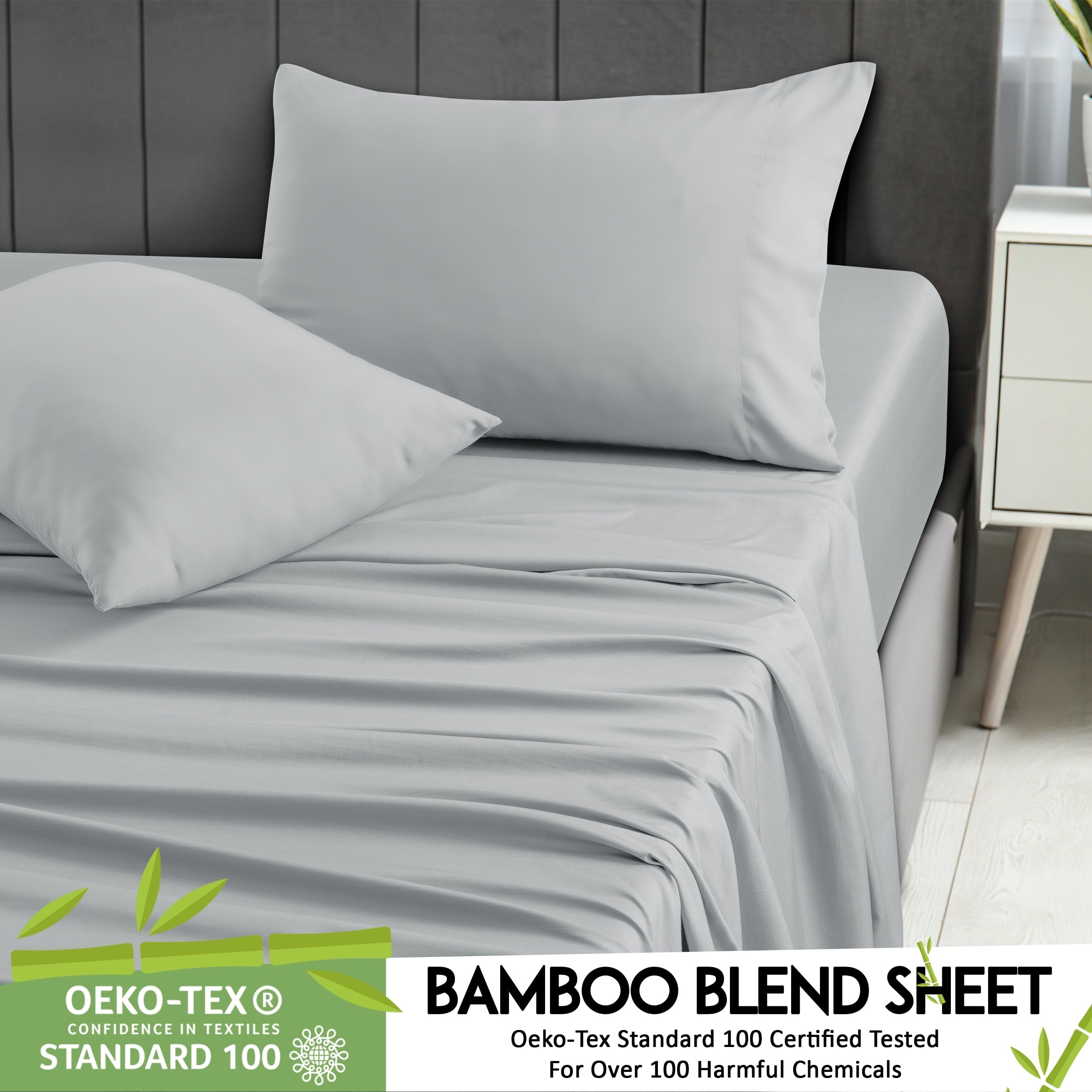 Ultra-Soft Rayon - 4 Piece Cooling Bed Sheets Set, Gray - Premium Ultra-Soft Pillowcase Pair for Sleeping Detail