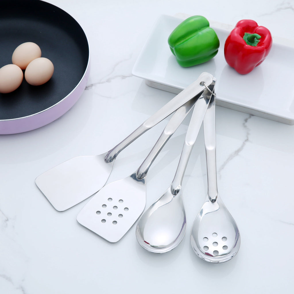 Non-Stick Safe Stainless Steel 4-Piece Utensil Set: Includes Spatula, Slotted Spatula, Spoon, and Slotted Spoon - Durable Turner & Ladle Utensil Set for Home Chefs Detail