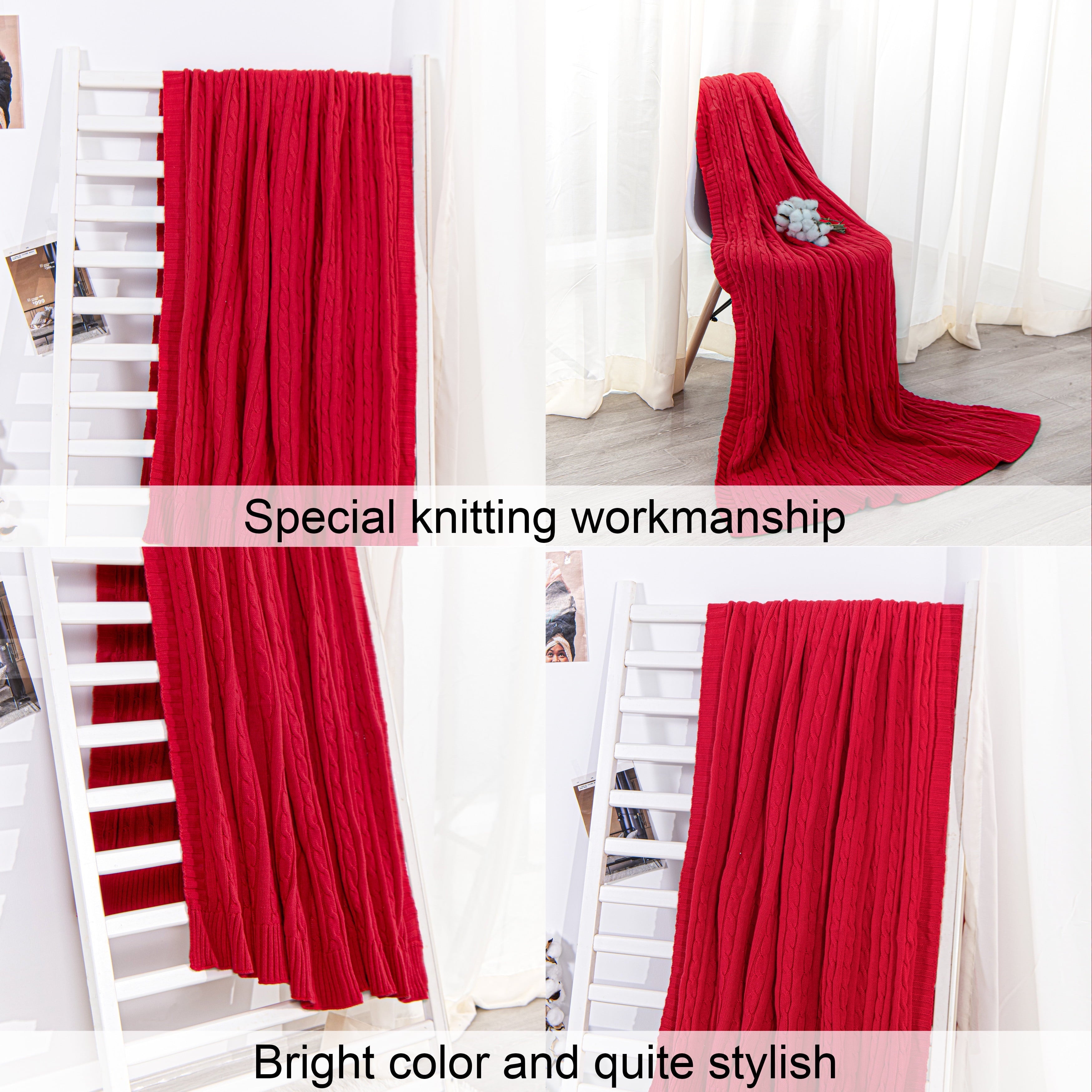 Decorative Knitted 100% Cotton Cable Knit Throw, Super Soft Warm Knitted Blanket Home Decor, 51"x67", Red - Super Soft Reversible Sherpa Flannel Blanket Detail