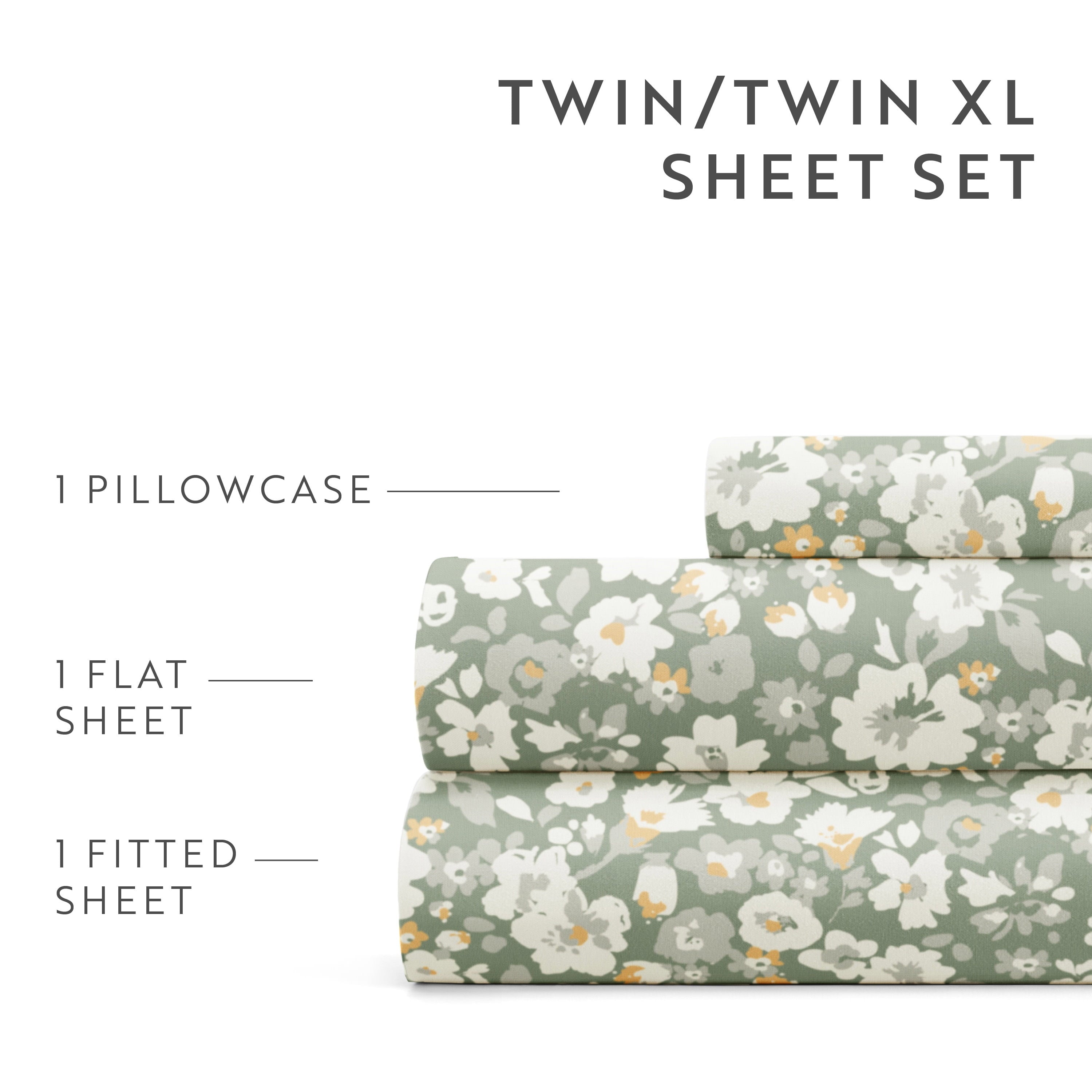 Breathable Luxury 4 Piece Pattern Microfiber Bed Sheets Set, Floral Dream Eucalyptus, Twin - Luxury Bed Sheet Set with Deep Pockets Detail