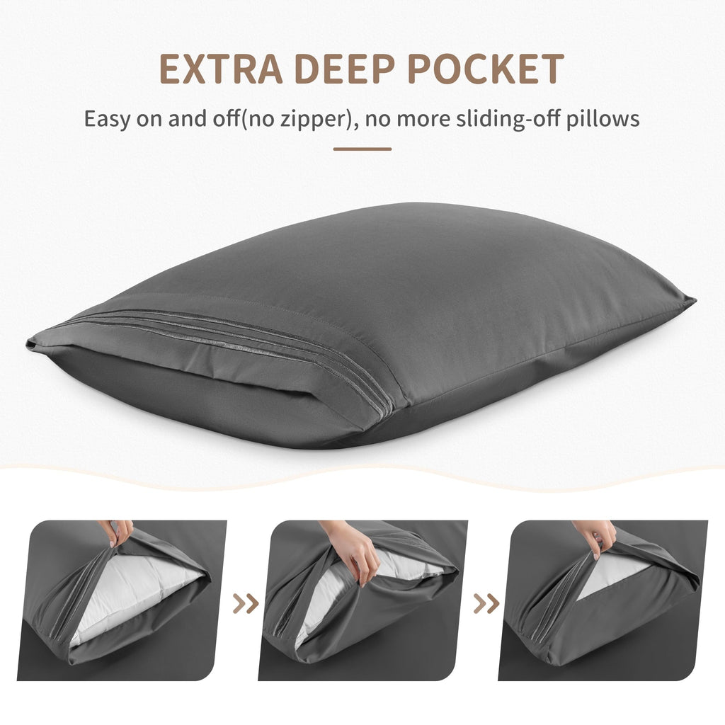Cooling Sateen 6 Pieces Bed Sheet Set, 1800 Series Soft Microfiber Queen Sheets with 16" Deep Pocket, Dark Gray - Breathable Egyptian Cotton Flat & Fitted Sheets Detail
