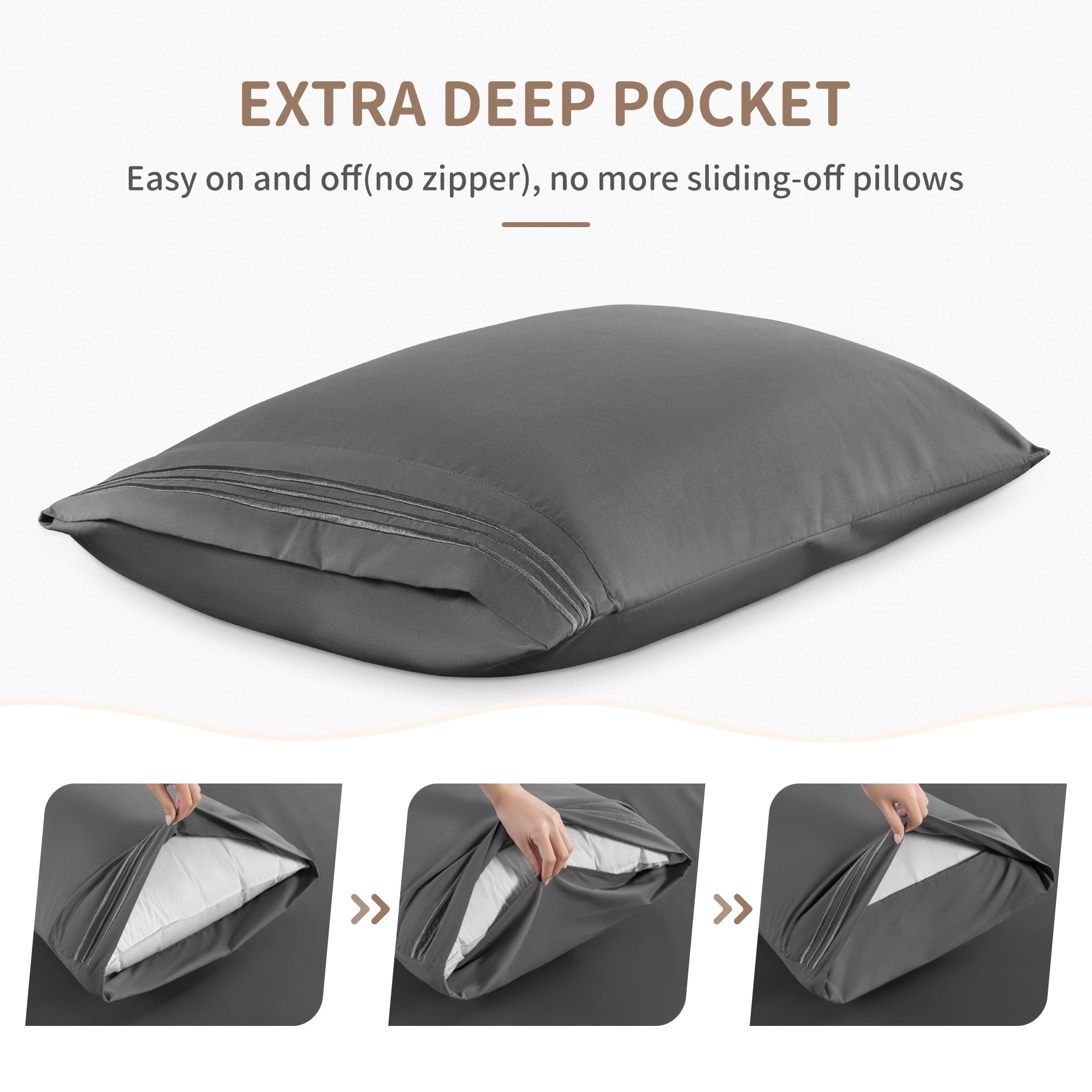 Cooling Sateen 6 Pieces Bed Sheet Set, 1800 Series Soft Microfiber Queen Sheets with 16" Deep Pocket, Dark Gray - Breathable Egyptian Cotton Flat & Fitted Sheets Detail