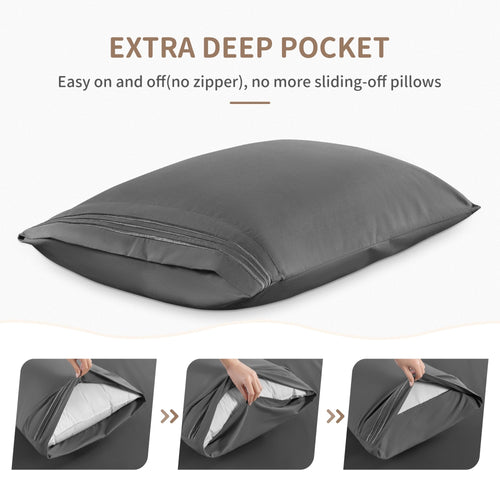 Cooling Sateen 6 Pieces Bed Sheet Set, 1800 Series Soft Microfiber Queen Sheets with 16" Deep Pocket, Dark Gray - Breathable Egyptian Cotton Flat & Fitted Sheets Detail