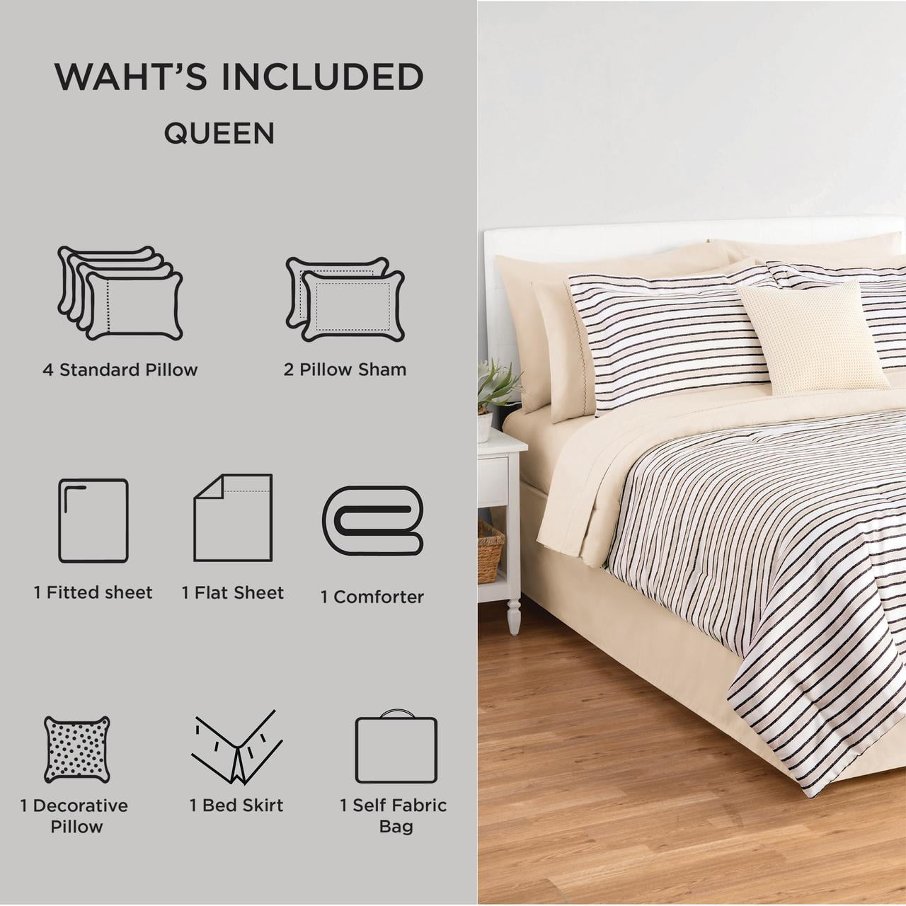 Fluffy Down Alternative Soft Touch Bed in a Bag 11-Piece Reversible Tan & Black Striped Comforter Set with Sheets, Queen - Hypoallergenic Ultra-Fluffy Quilt for Winter Detail