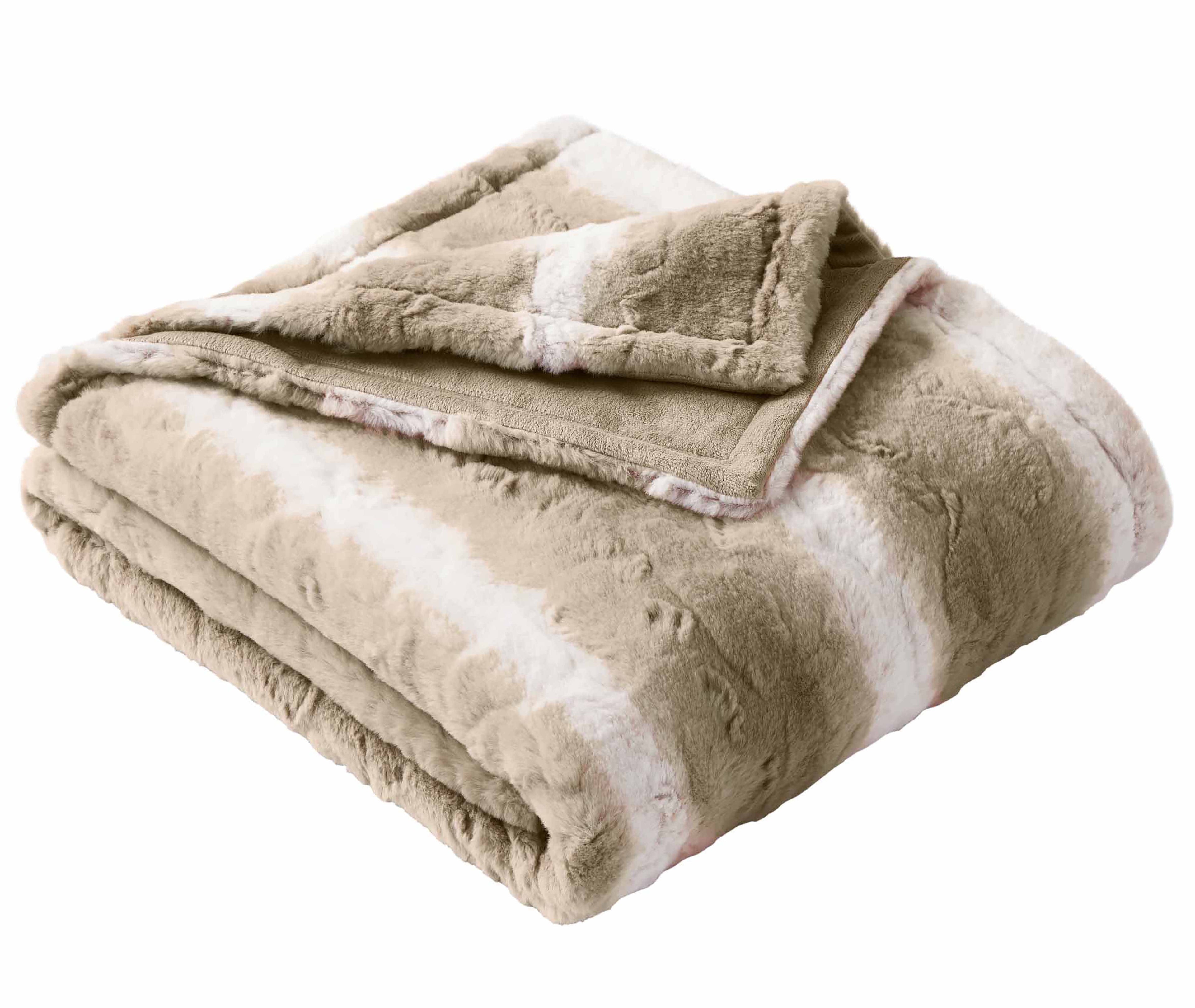 Decorative Knitted Almond Biscuit Ombre Faux Fur Throw, 50"x72" - Luxury Knitted Decorative Throw Blanket with Fringes Detail