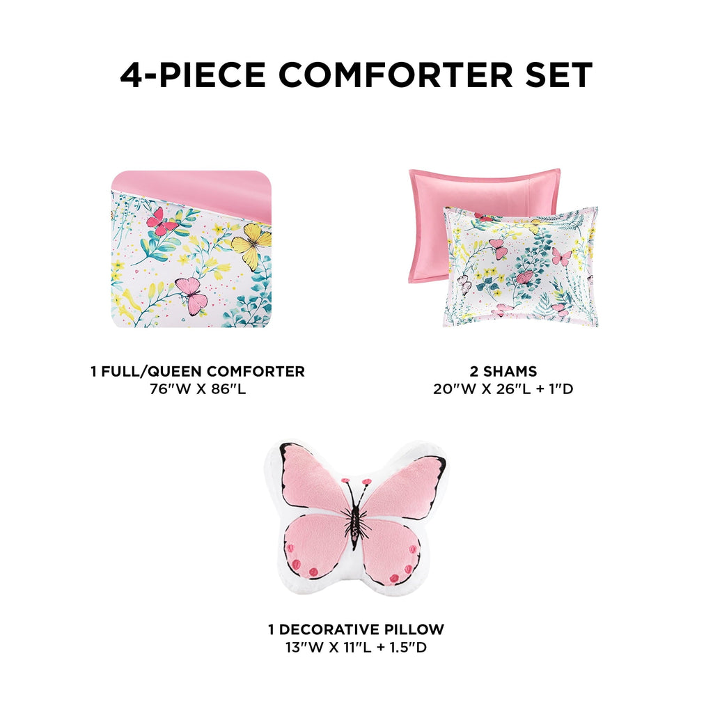 Fluffy Down Alternative Full/Queen Size Comforter Sets, 4-Piece Kids Bedding Set for Girls, Butterfly Floral Comforter Bed Set, White/Pink - Luxurious Quilted Duvet Cover Set Detail