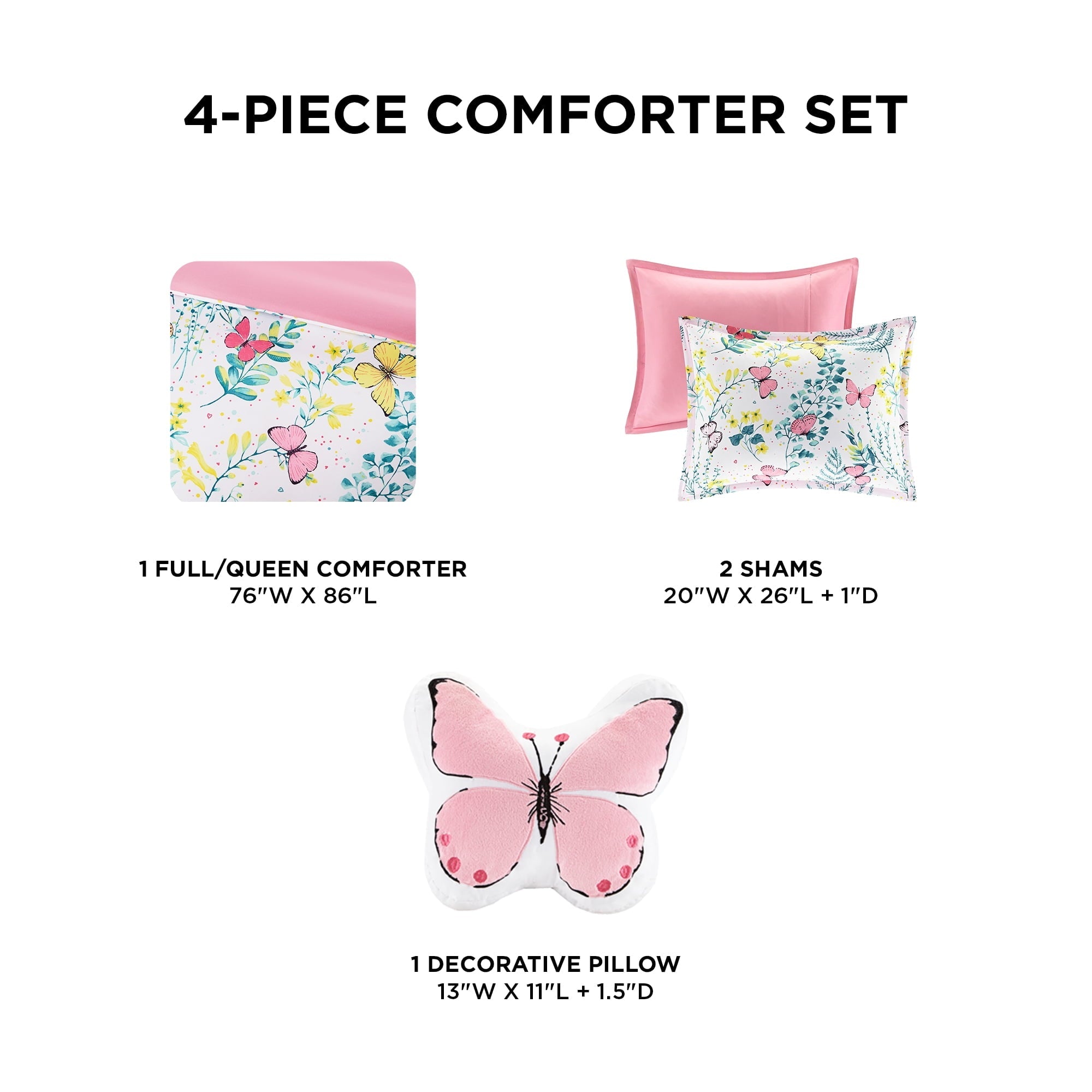 Fluffy Down Alternative Full/Queen Size Comforter Sets, 4-Piece Kids Bedding Set for Girls, Butterfly Floral Comforter Bed Set, White/Pink - Luxurious Quilted Duvet Cover Set Detail