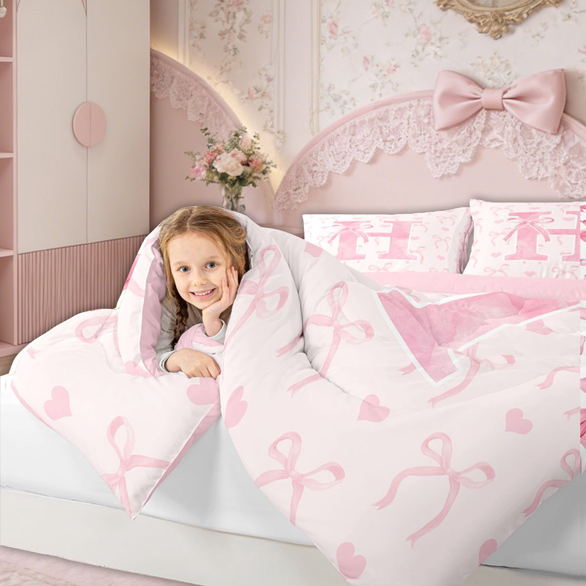 All-Season Kawaii Bowknot Bedding Sets Full with Comforter, Initial H Duvet Insert, Romantic Initial A-Z Decor, Reversible - Luxurious Quilted Duvet Cover Set Detail