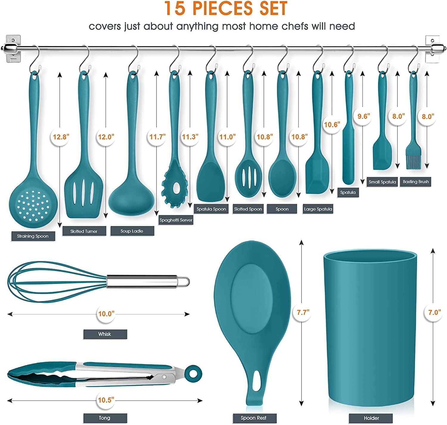 Heat-Resistant 15-Piece Kitchen Utensils Set, Silicone Cooking Utensils with Holder, Non-stick Cookware Friendly & Heat Resistant - ... - Durable Turner & Ladle Utensil Set for Home Chefs Detail