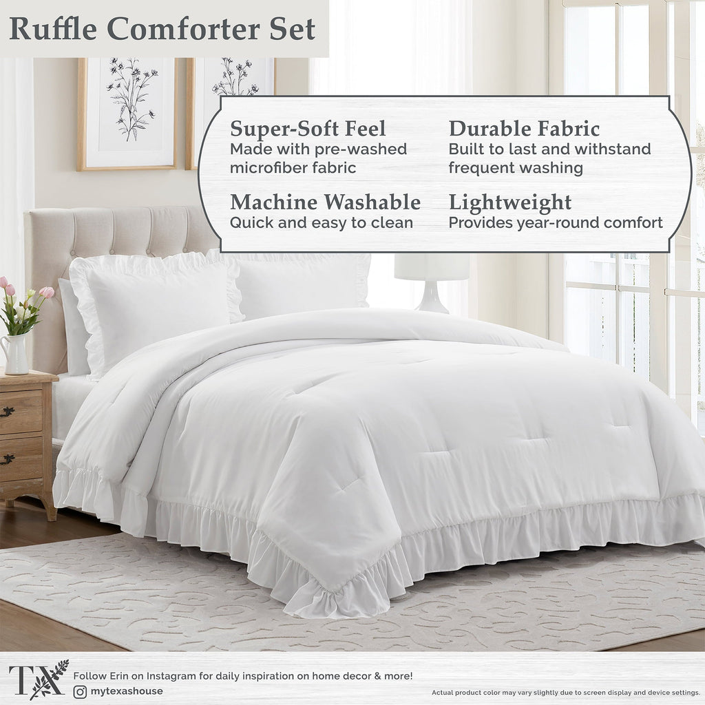 Heavyweight Warmth Full/Queen Comforter Set, All-Season, 3-Piece, White Ruffle - Luxurious Quilted Duvet Cover Set Detail