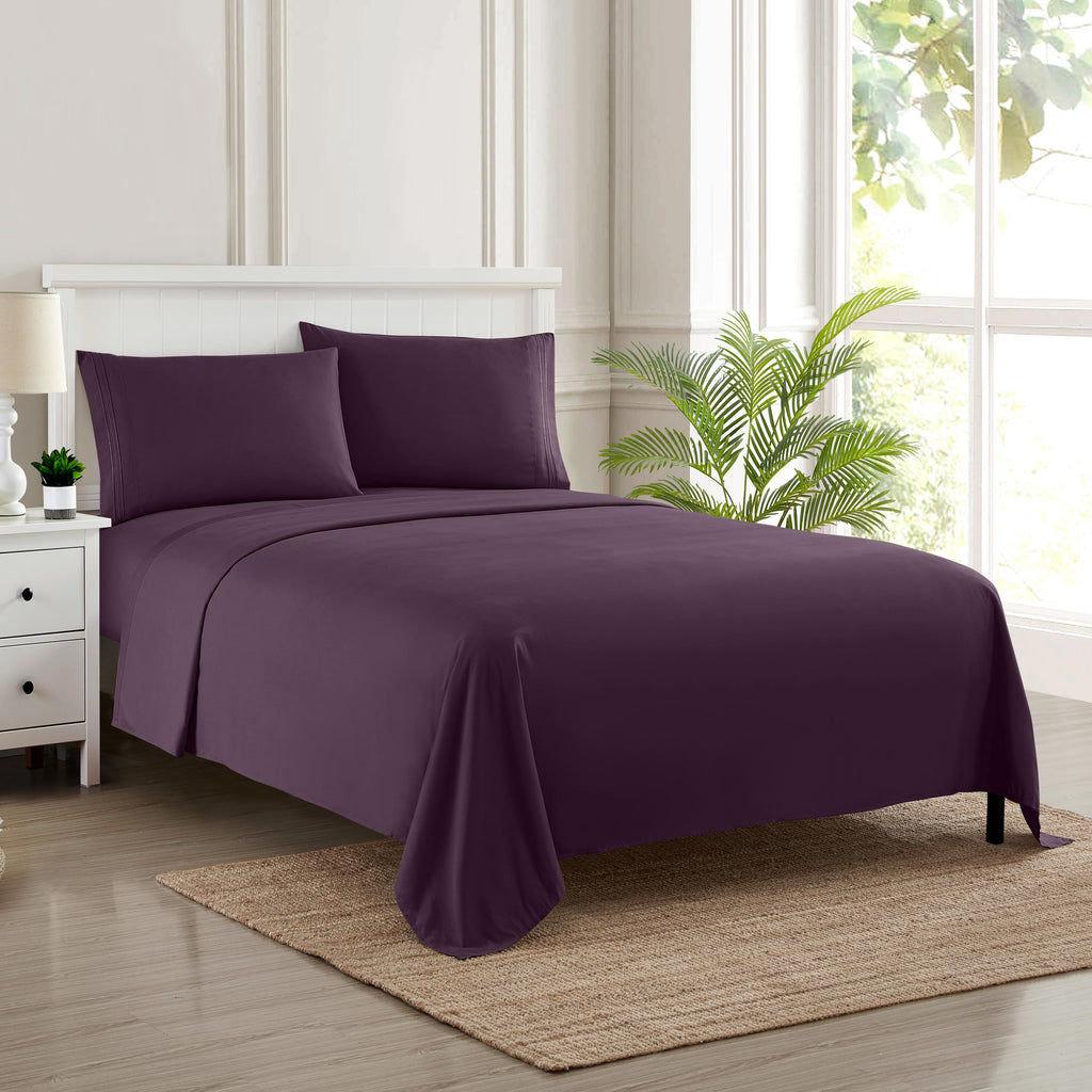 Cooling Sateen 1800 Series Bed Sheets - Extra Soft Microfiber Deep Pocket Sheet Set - Purple, Full - Breathable Egyptian Cotton Flat & Fitted Sheets Detail