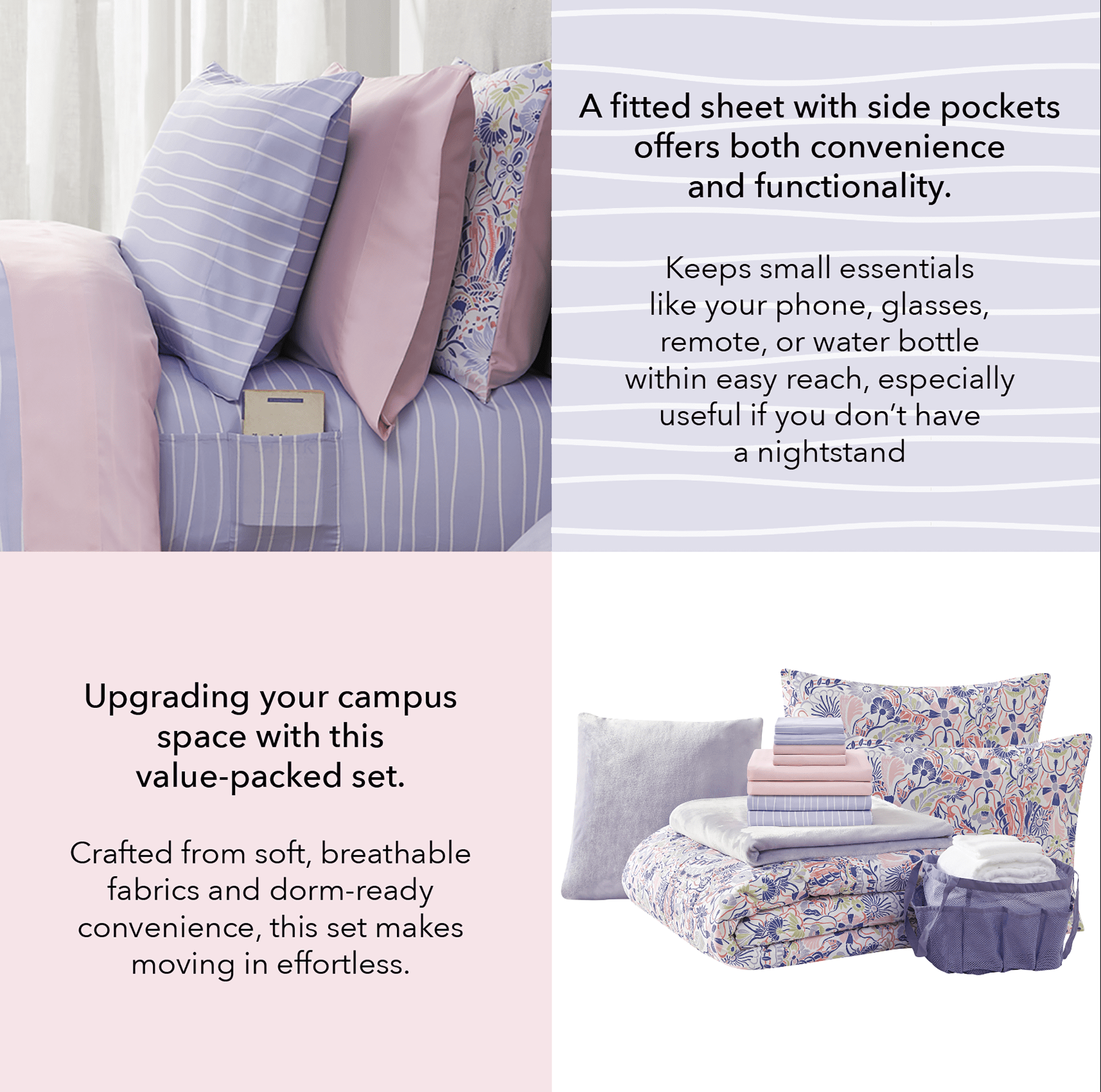 Hypoallergenic Cloud 14pc College Dorm Essentials Bundle, Twin-XL, Reversible Bed in a Bag Comforter Set, Purple Floral - All-Season Down Alternative Comforter Insert Detail