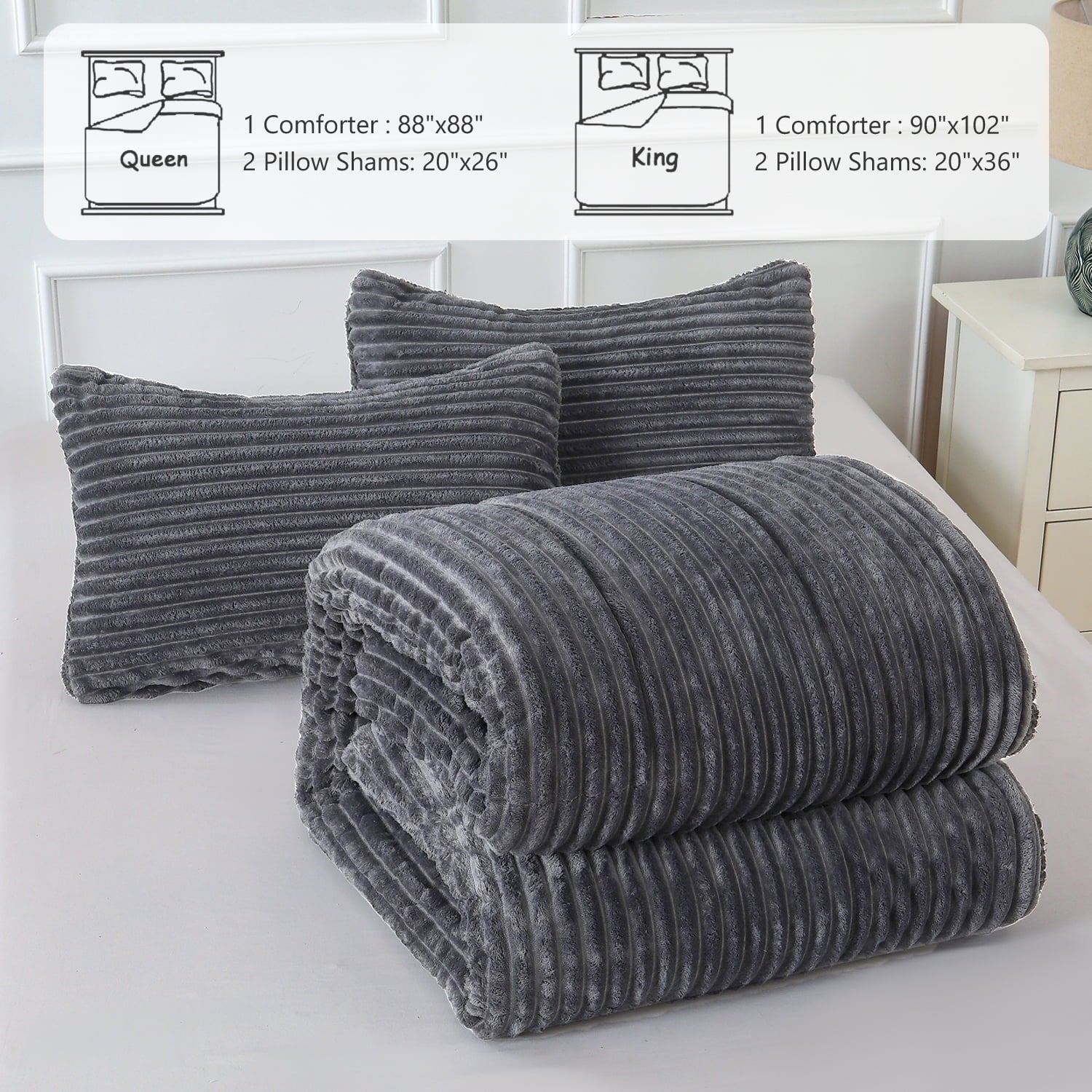 Hypoallergenic Cloud 3 Piece Fleece Queen Comforter Set - Soft & Warm Fluffy Dark Gray Sherpa Bedding , Fuzzy Heavy Double Sided Design Wi... - Cloud-Like Soft Lightweight Bed Comforter Detail